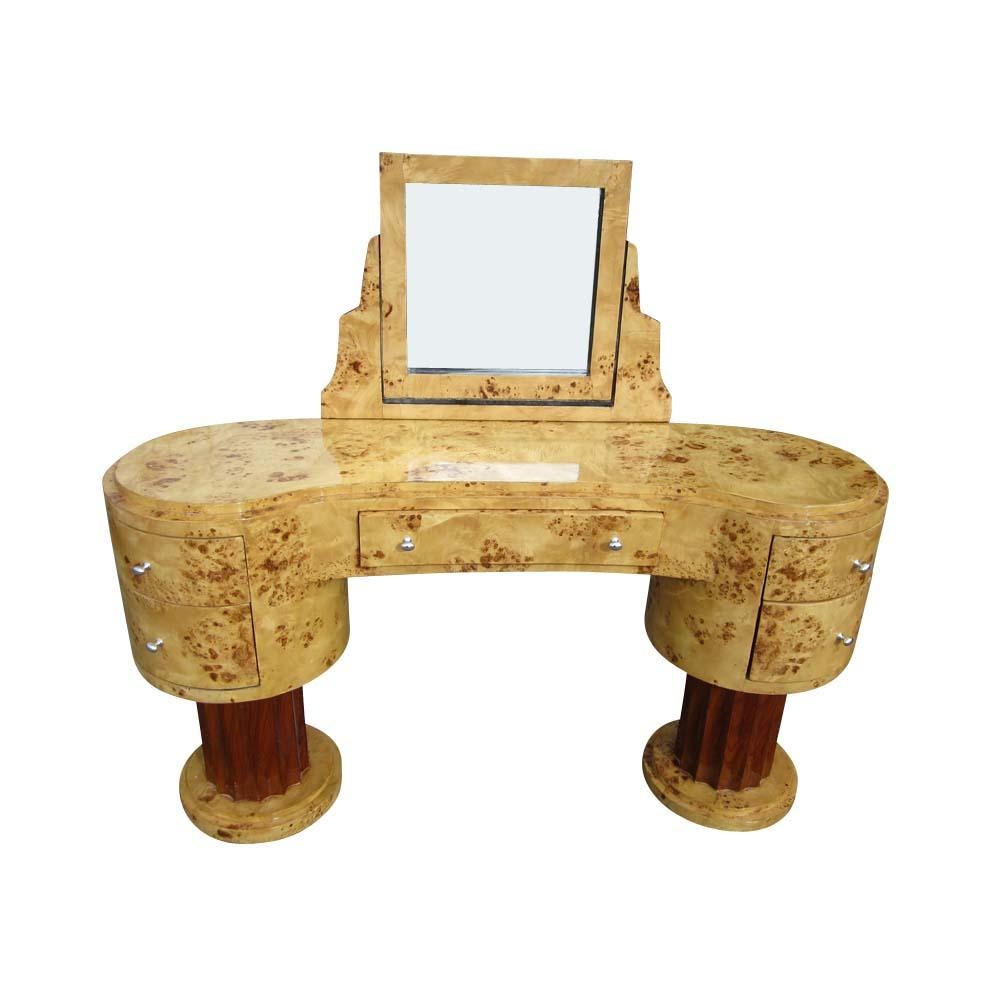 A double-pedestal deco vanity with five drawers. Exotic burl with contrasting wood on pedestals. Nickel pulls.
Finished back.