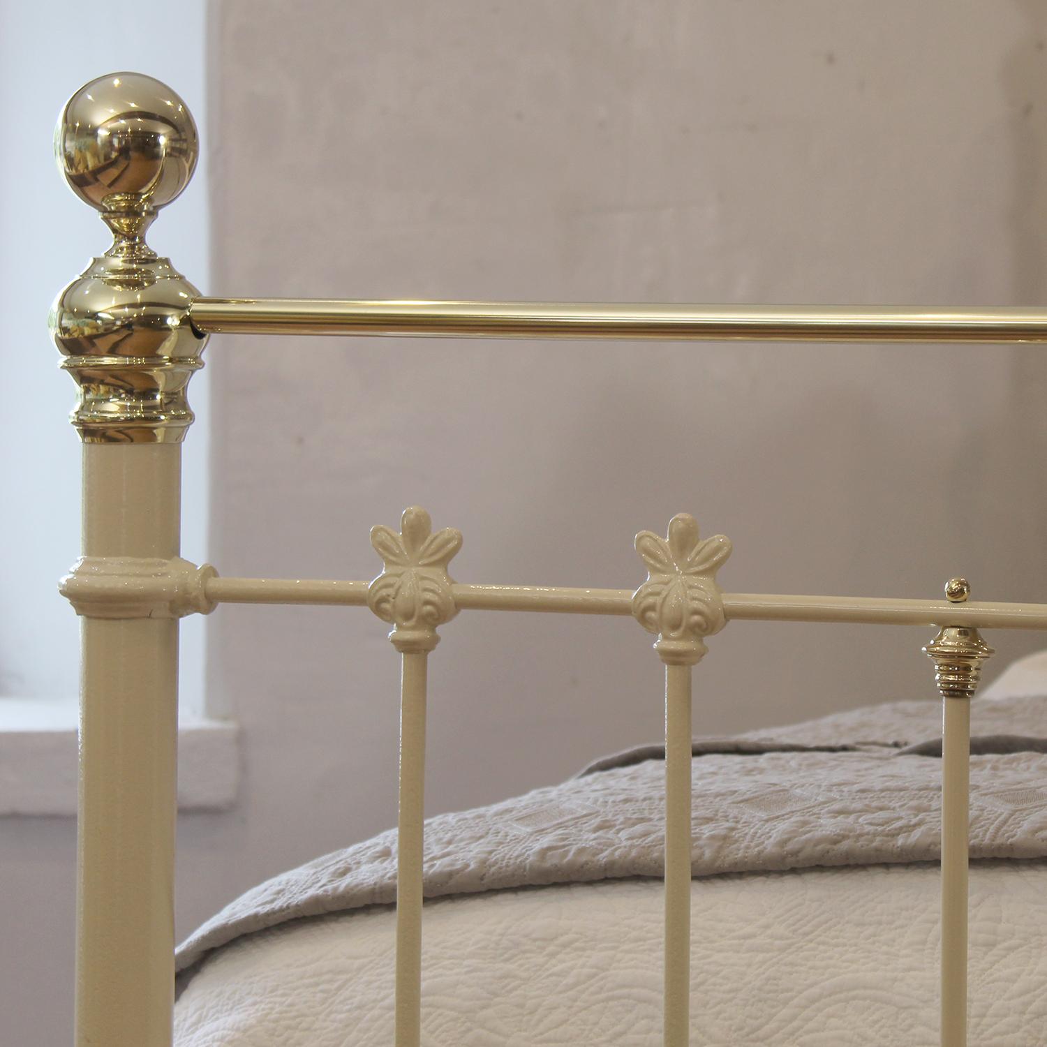 Metal 5ft Brass and Iron Antique Bed in Soft Cream For Sale