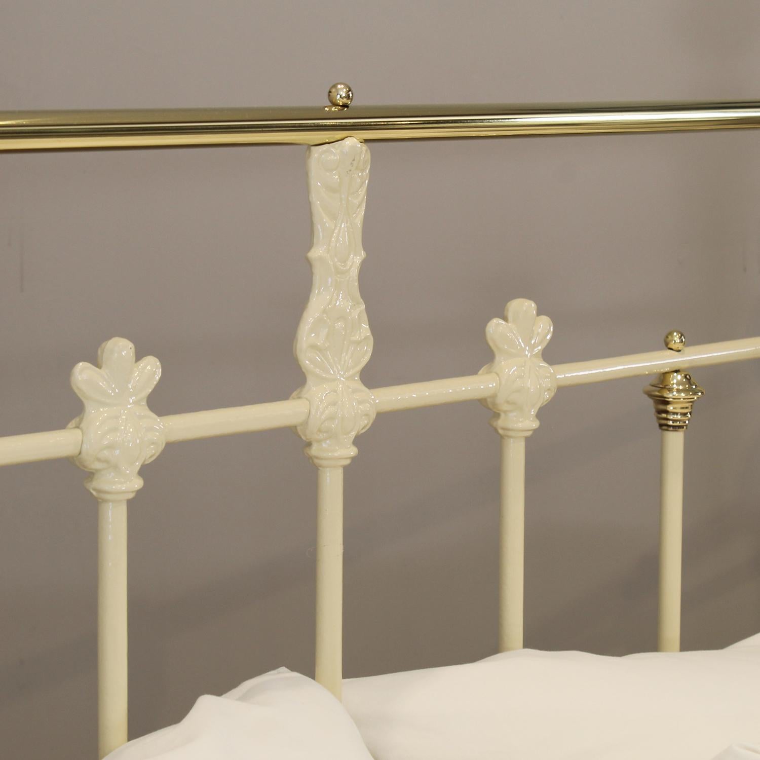 5ft Brass and Iron Antique Bed in Soft Cream For Sale 3