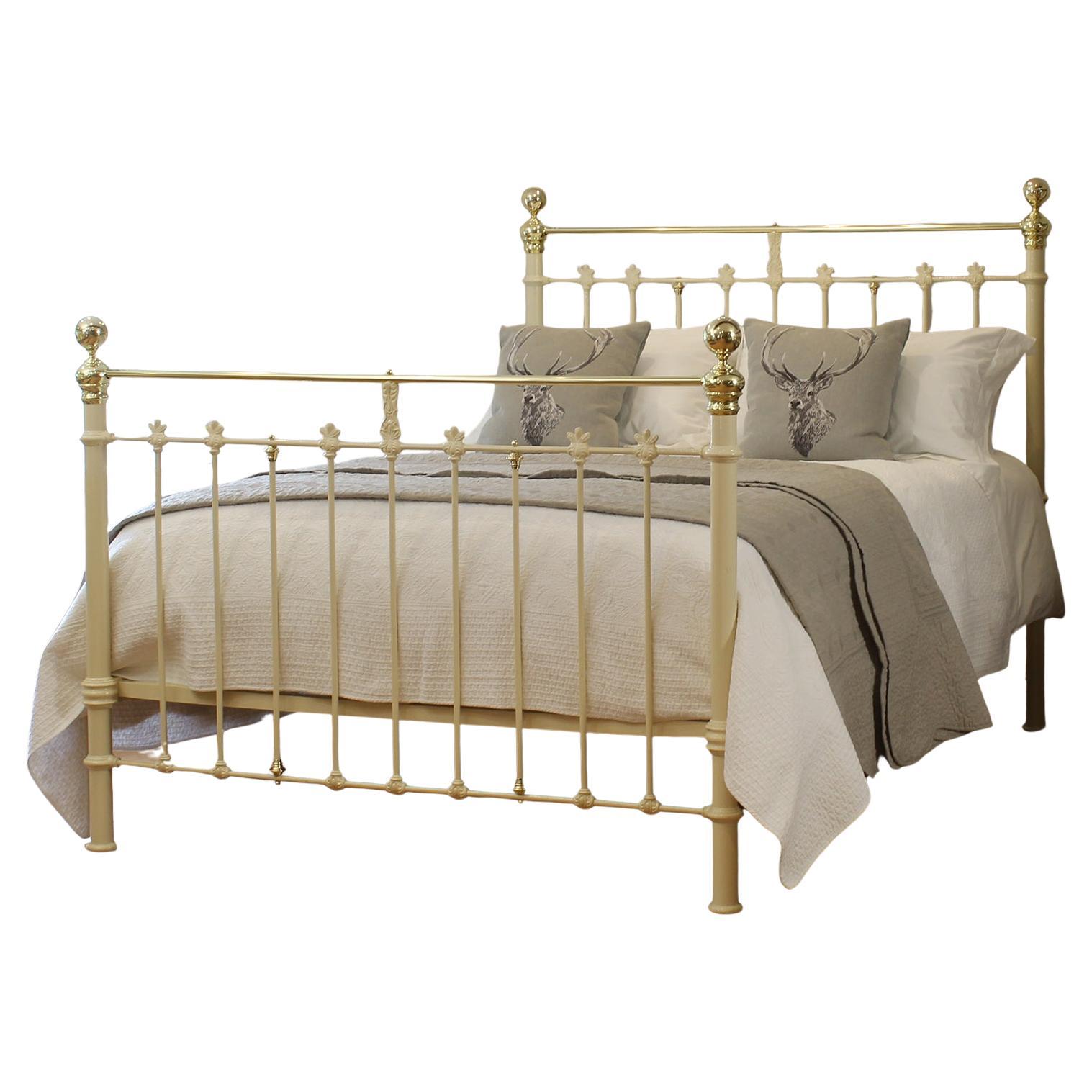 5ft Brass and Iron Antique Bed in Soft Cream For Sale