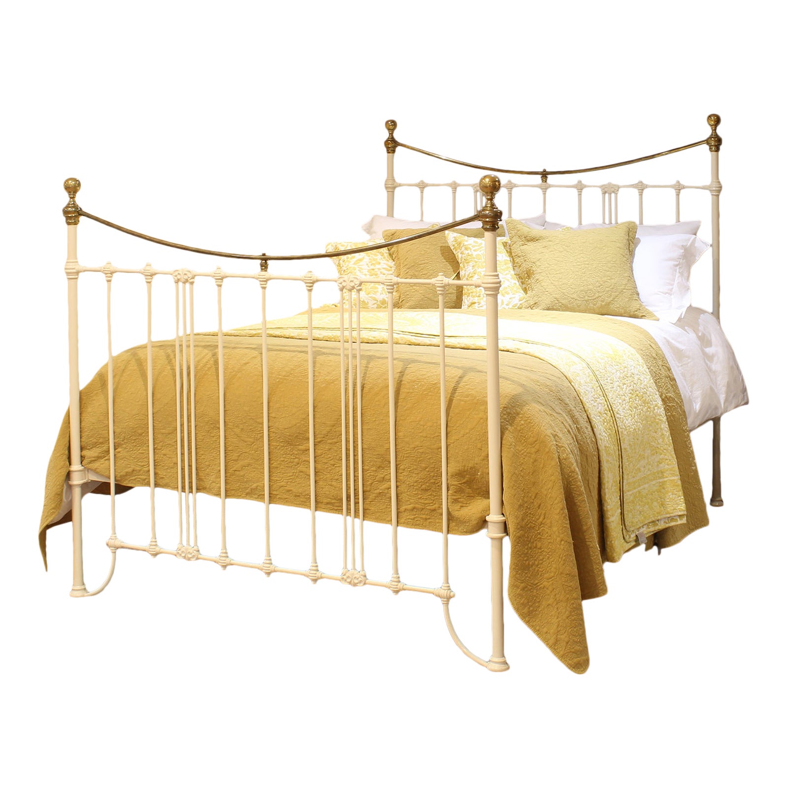 5ft Brass and Iron Antique Bed in Soft Cream with Art Nouveau Castings MK335