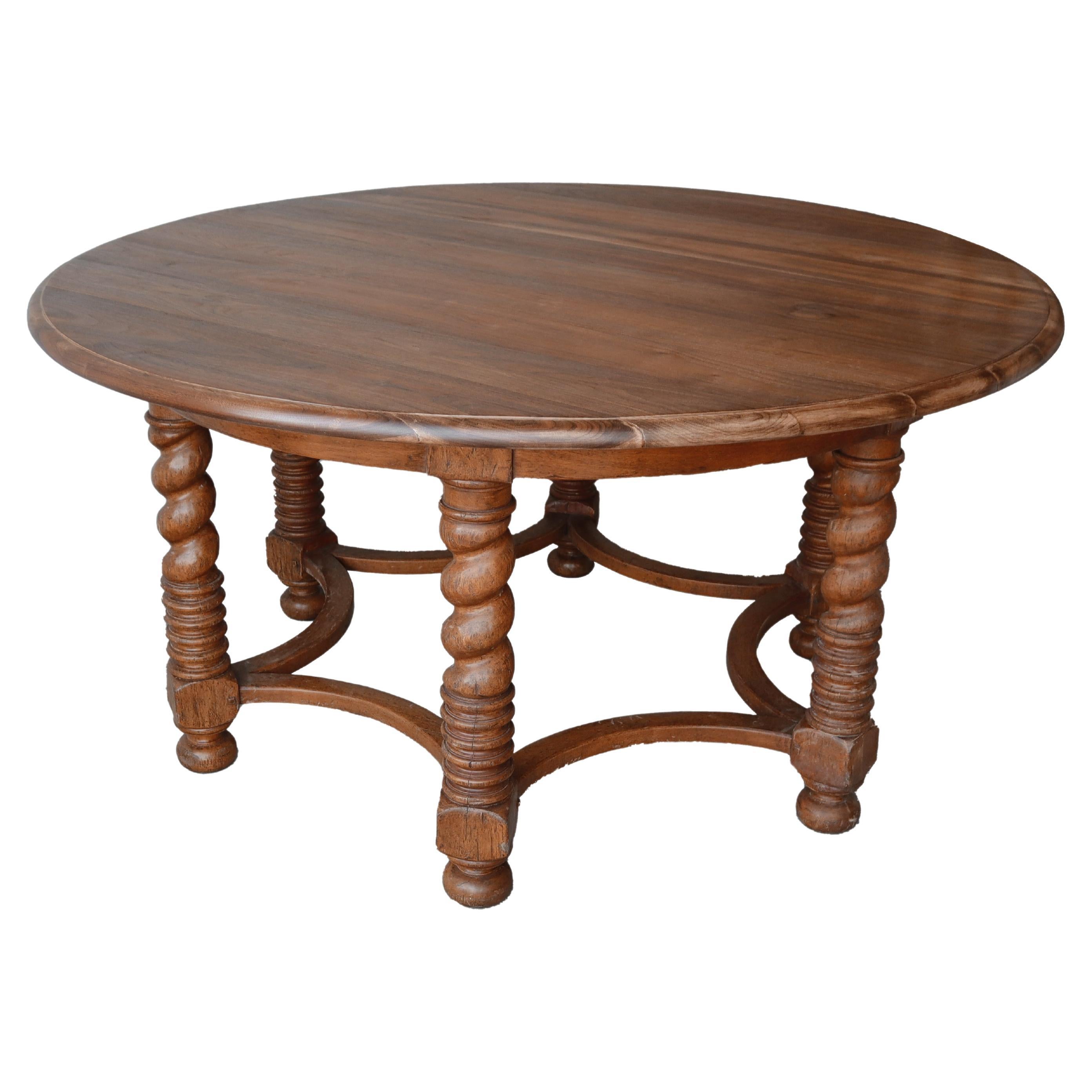 5ft Round European Walnut Barley Twist Dining Table For Sale