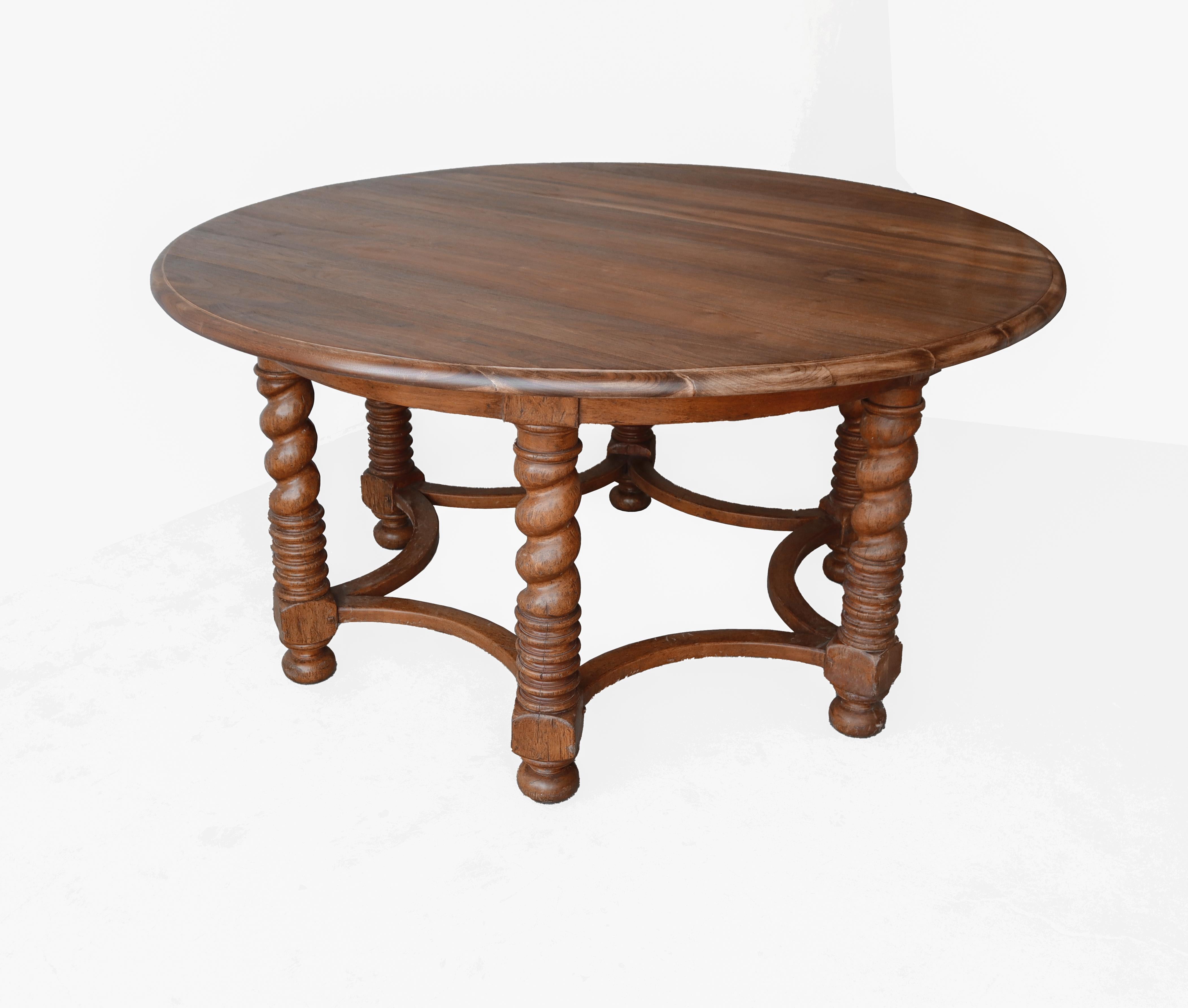 5ft Round European Walnut Barley Twist Dining Table For Sale