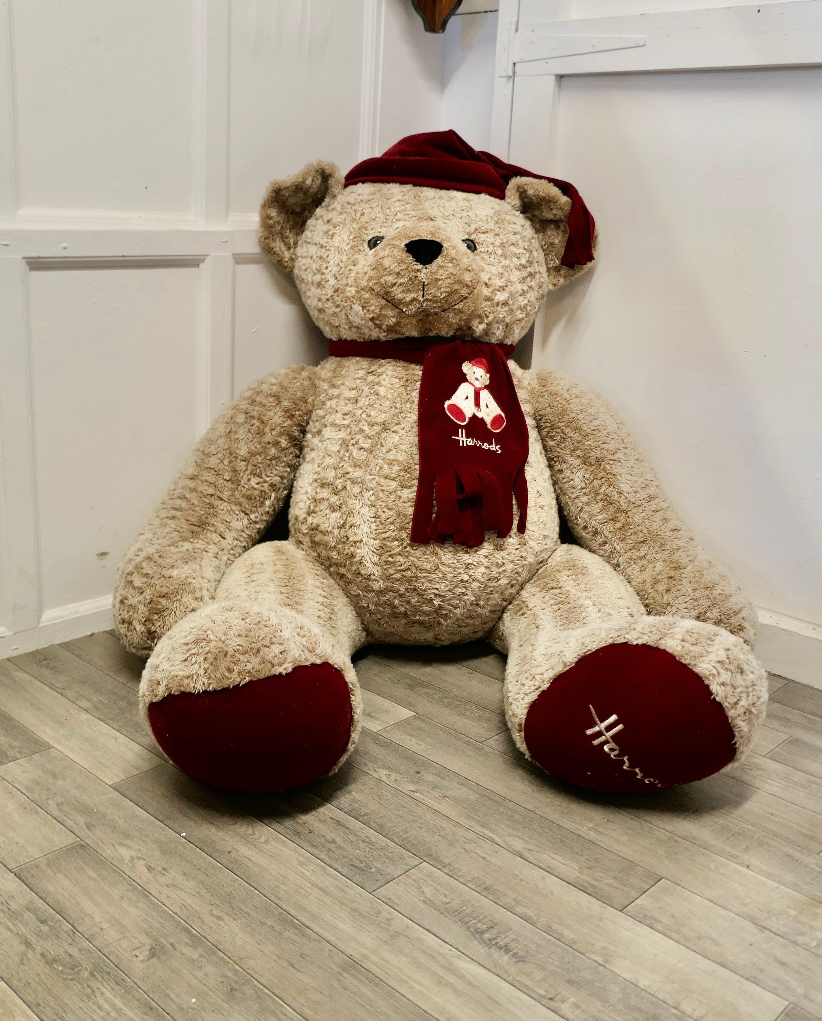 5ft tall giant Harrods shop display teddy bear.

This is a very rare piece, he is one of a very few, probably only 5 that were made for Harrods shop display, he is known as James, he is nearly 21 Years old this year and all ready to party all over