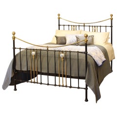 5ft Wide Black Metal Antique Bed with Blue Floral Ceramics MK331