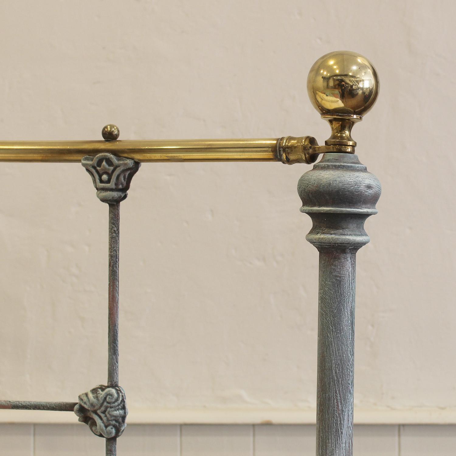 5ft Wide Cast Iron and Brass Antque Bed Finished in Blue Verdigris MK320 For Sale 5
