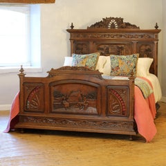 5ft Wide Oak Carved Breton Country Rustic Antique Bed WK209