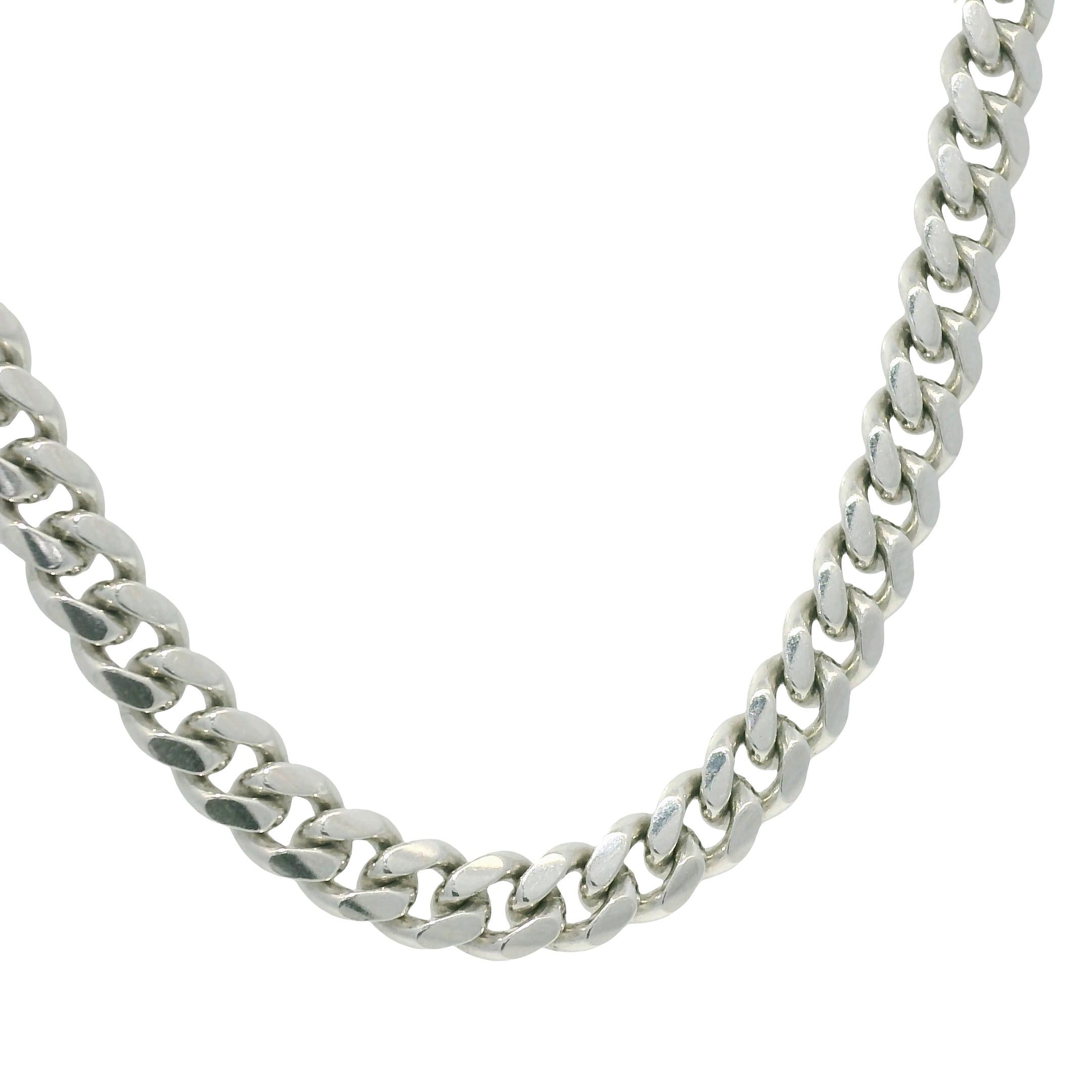 14k White Gold 5mm Cuban Link Chain Necklace
Product: Cuban Link Chain
Material: 14k White Gold
Item Dimensions: The chain is approximately 5mm in width
Closure: 14k White Gold Box Clasp
Item Length: The necklace is approximately 24 inches in