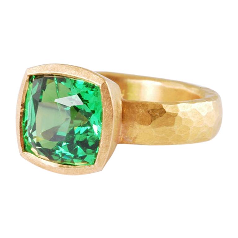 5mm Hammered 22ct Gold Ring with Antique Cushion Shaped Tsavorite Garnet 5.69ct For Sale