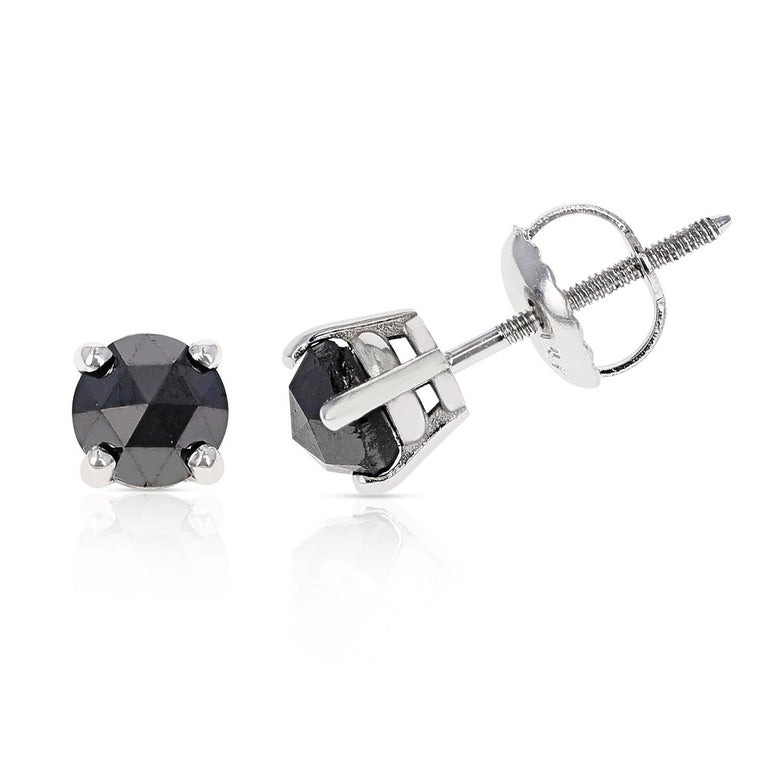 Rose Cut Black Diamond Stud Earrings Made in 14k White Gold For Sale at
