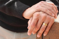 California Gold 5mm Stepped Edge Wedding Band with matte Hammered Finish