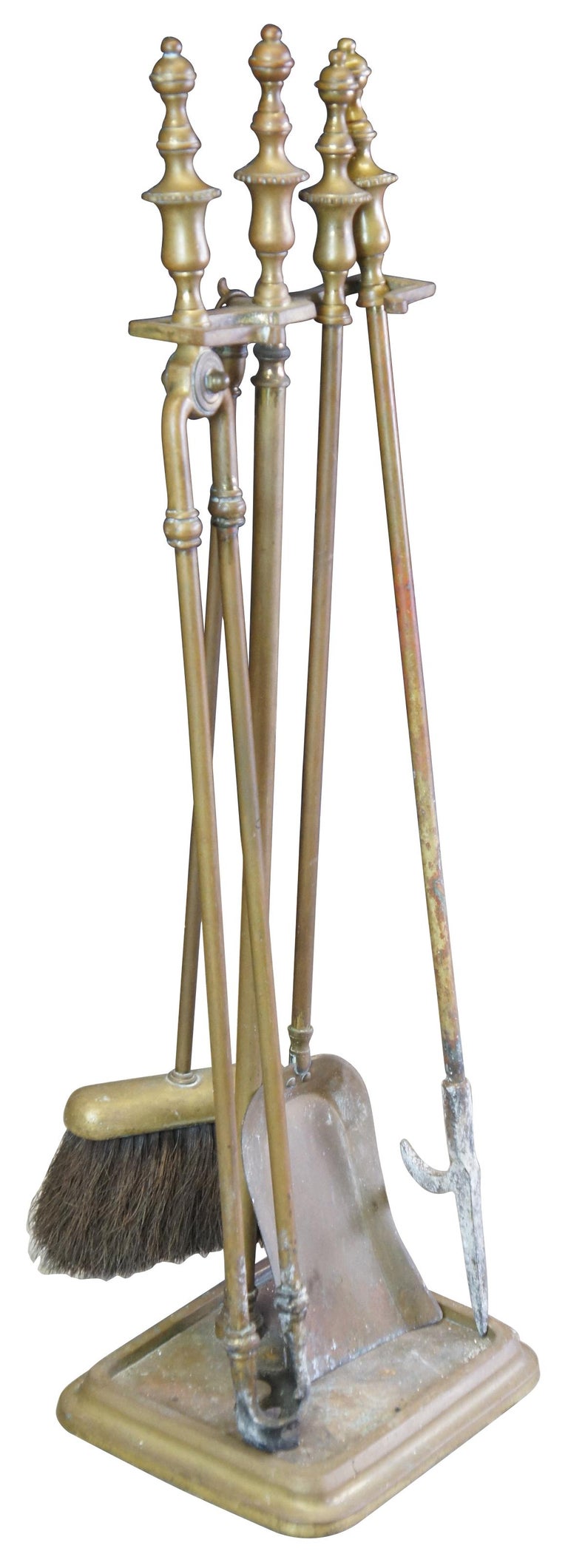5pc Antique Brass Hearthware Fireplace Tools Claw Tong Poker Brush Shovel Stand For Sale at 1stDibs