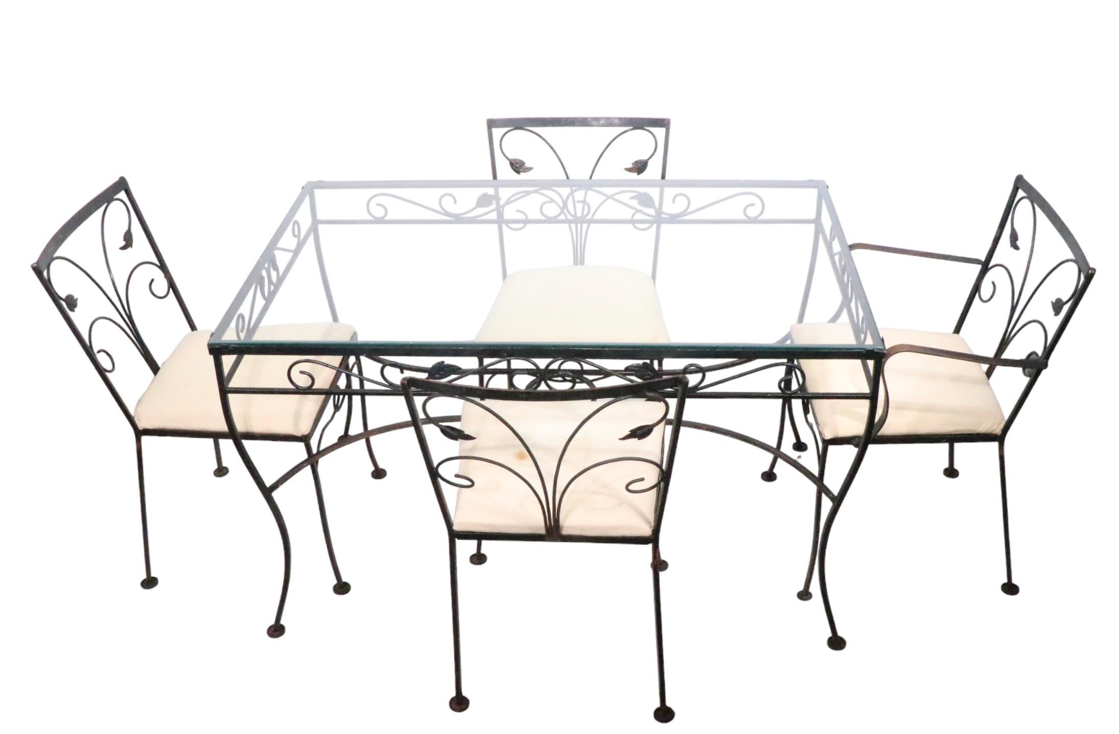 American 5pc. Wrought Iron and Glass Garden Patio Set att. to Salterini For Sale
