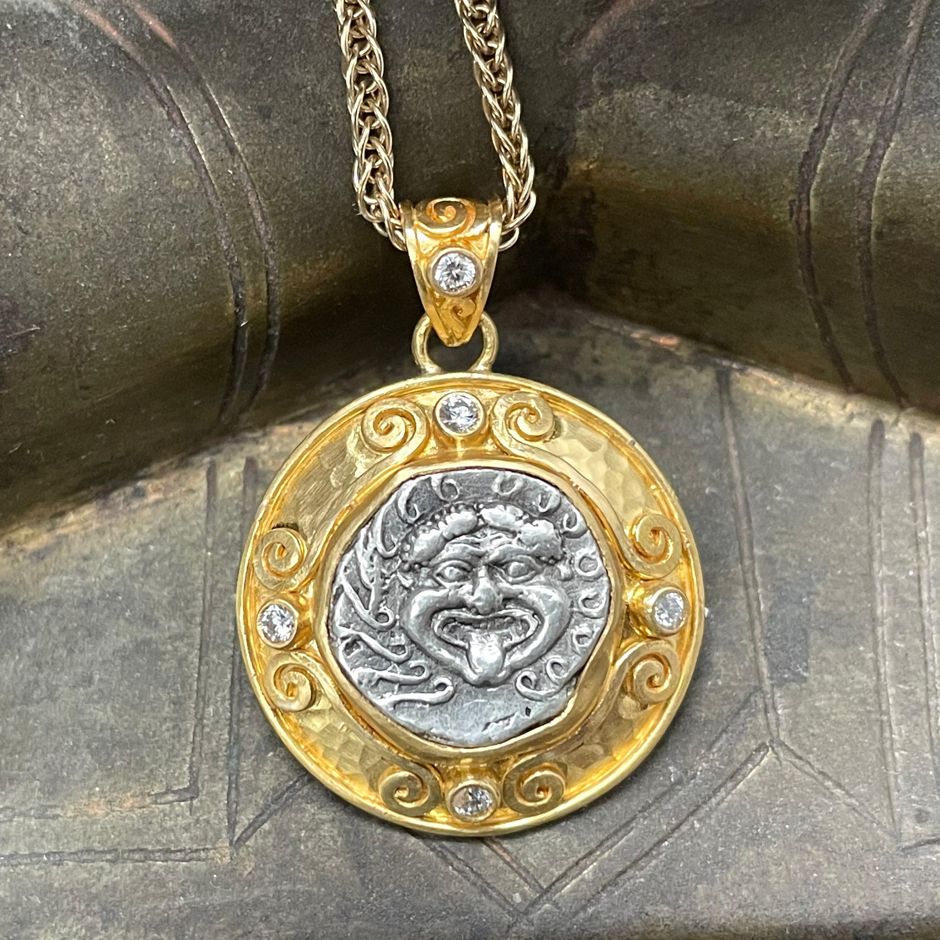 5th Century BC Ancient Greek Medusa Coin 22K Gold Diamonds Pendant 1