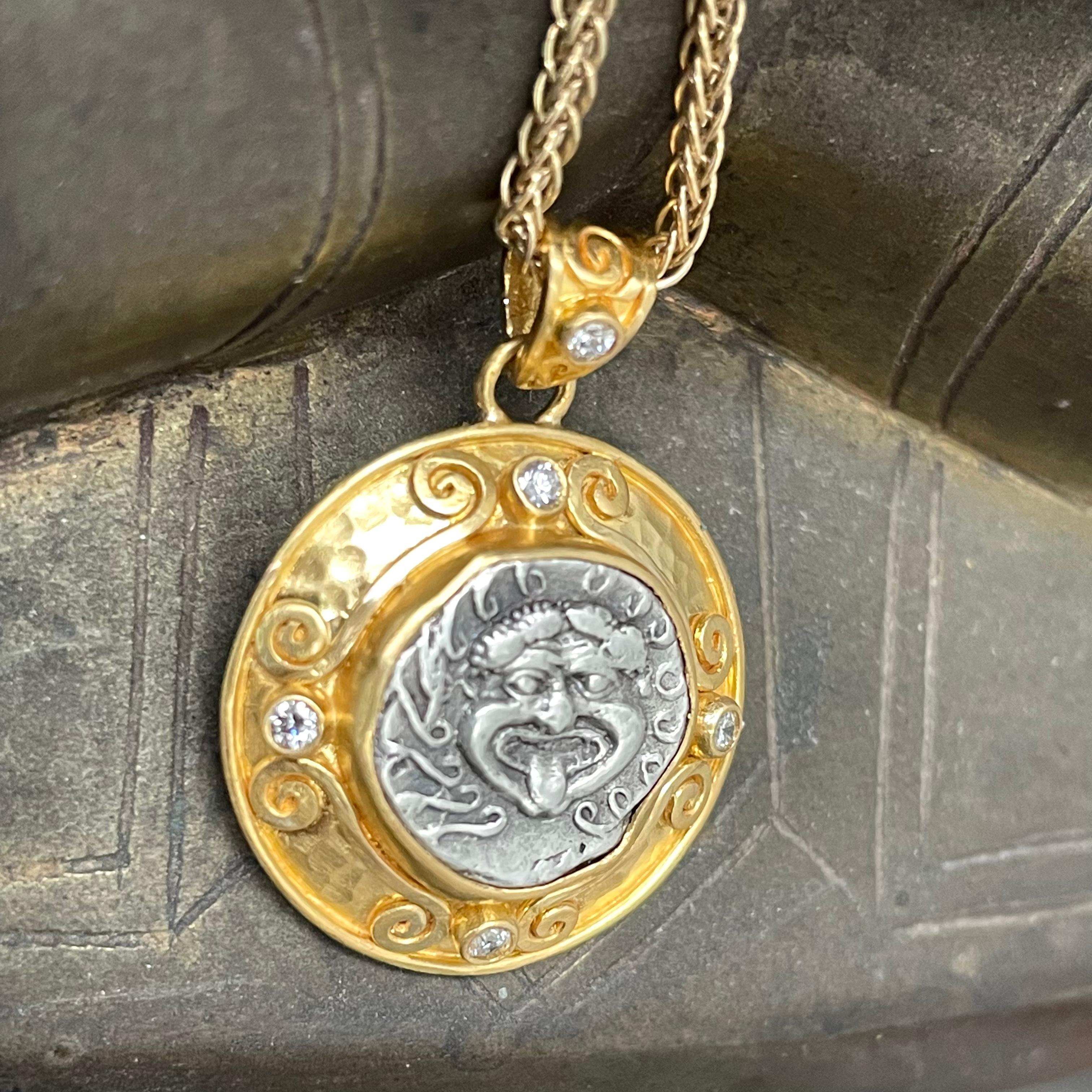 5th Century BC Ancient Greek Medusa Coin 22K Gold Diamonds Pendant In New Condition In Soquel, CA