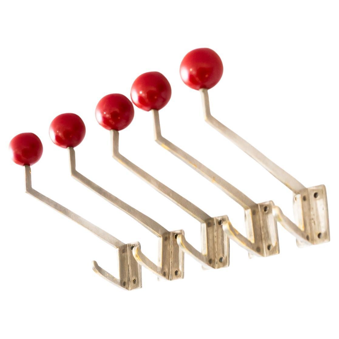 5x art deco nickel- plated wall hooks with red bakelite ball vienna around 1920s