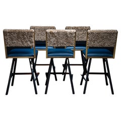 5x Shaker Swivel Counter Chairs, by Ambrozia, Walnut, Brass, Shearling & Leather