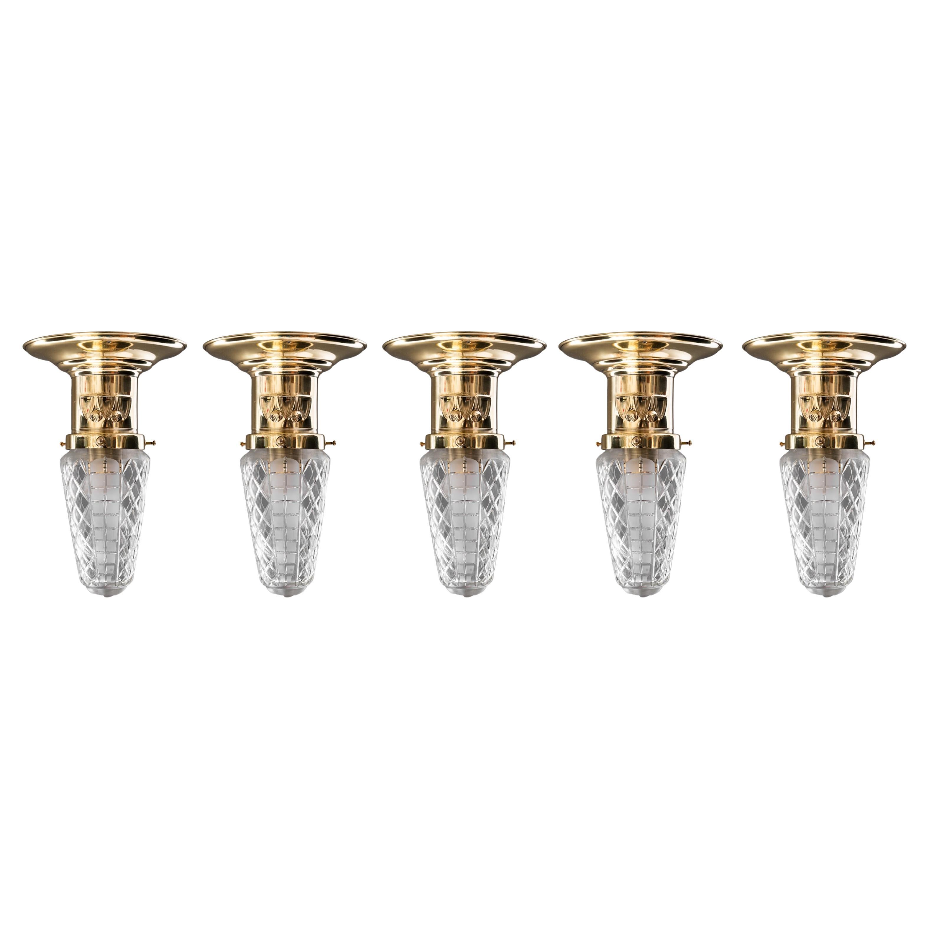 5x small art deco ceiling lamps with cut glass shades vienna around 1920s