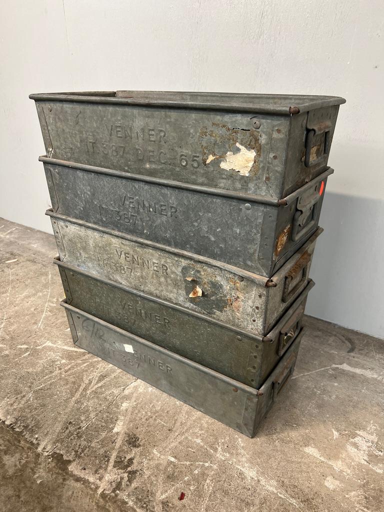5x Venner English vintage 1965 retro mid century Industrial galvernised metal boxes, price is per 5. Can be used as planter boxes or storage.