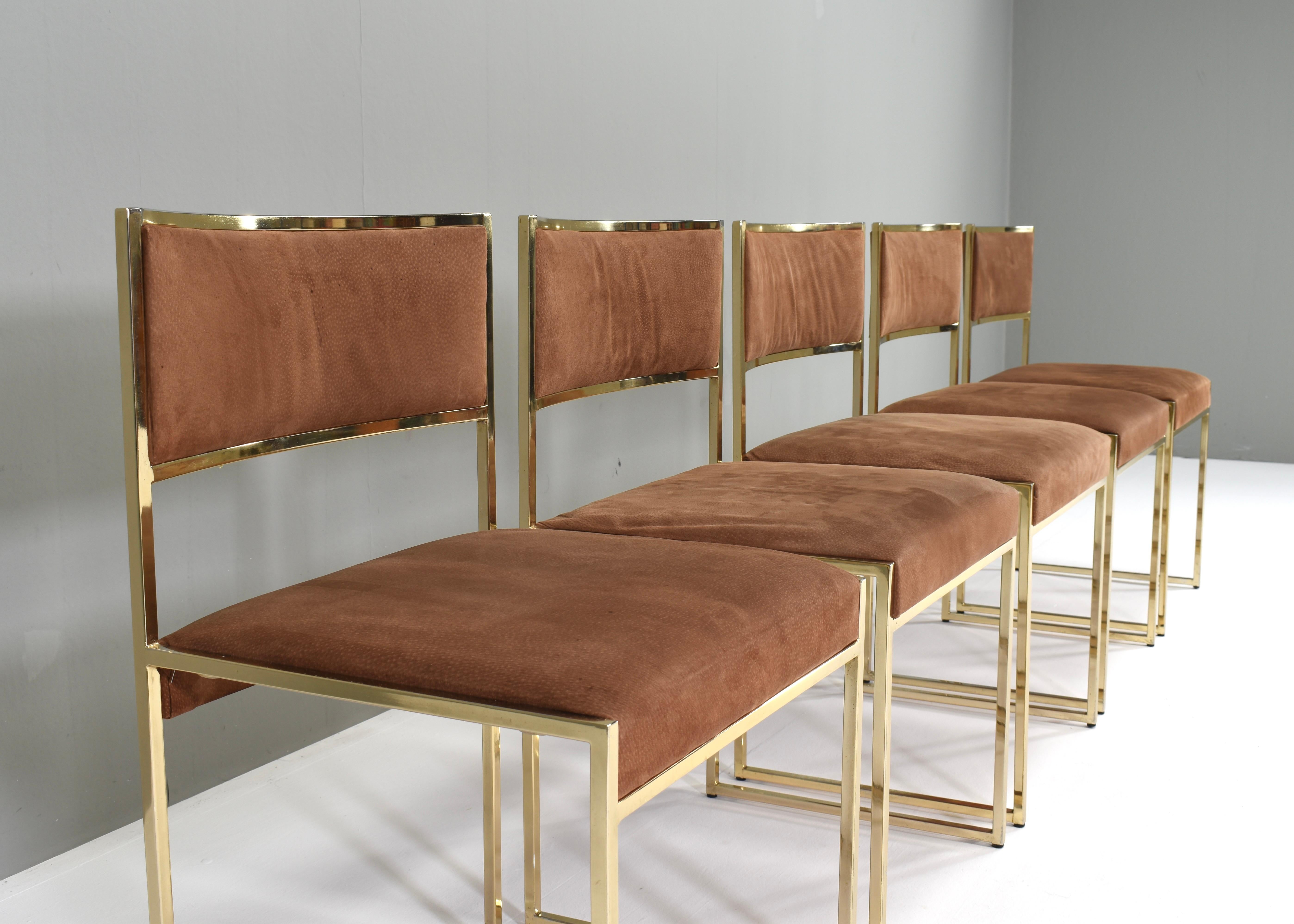 5x Willy Rizzo attributed Gold-Plated and Suede Dining Chairs, Italy, 1970s 6