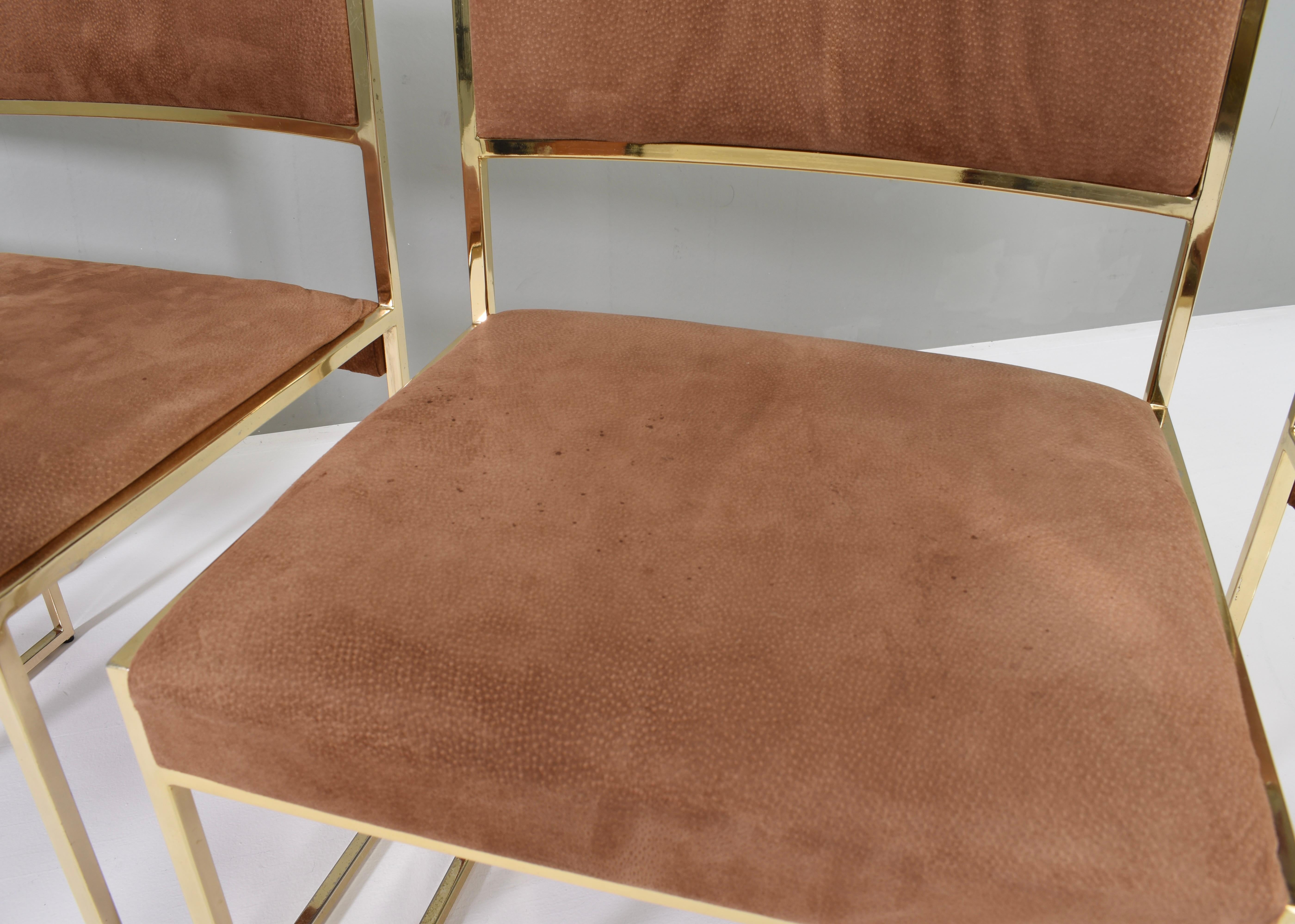 5x Willy Rizzo attributed Gold-Plated and Suede Dining Chairs, Italy, 1970s 12