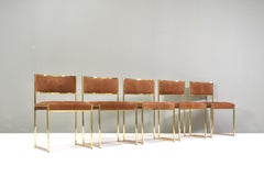 5x Willy Rizzo attributed Gold-Plated and Suede Dining Chairs, Italy, 1970s