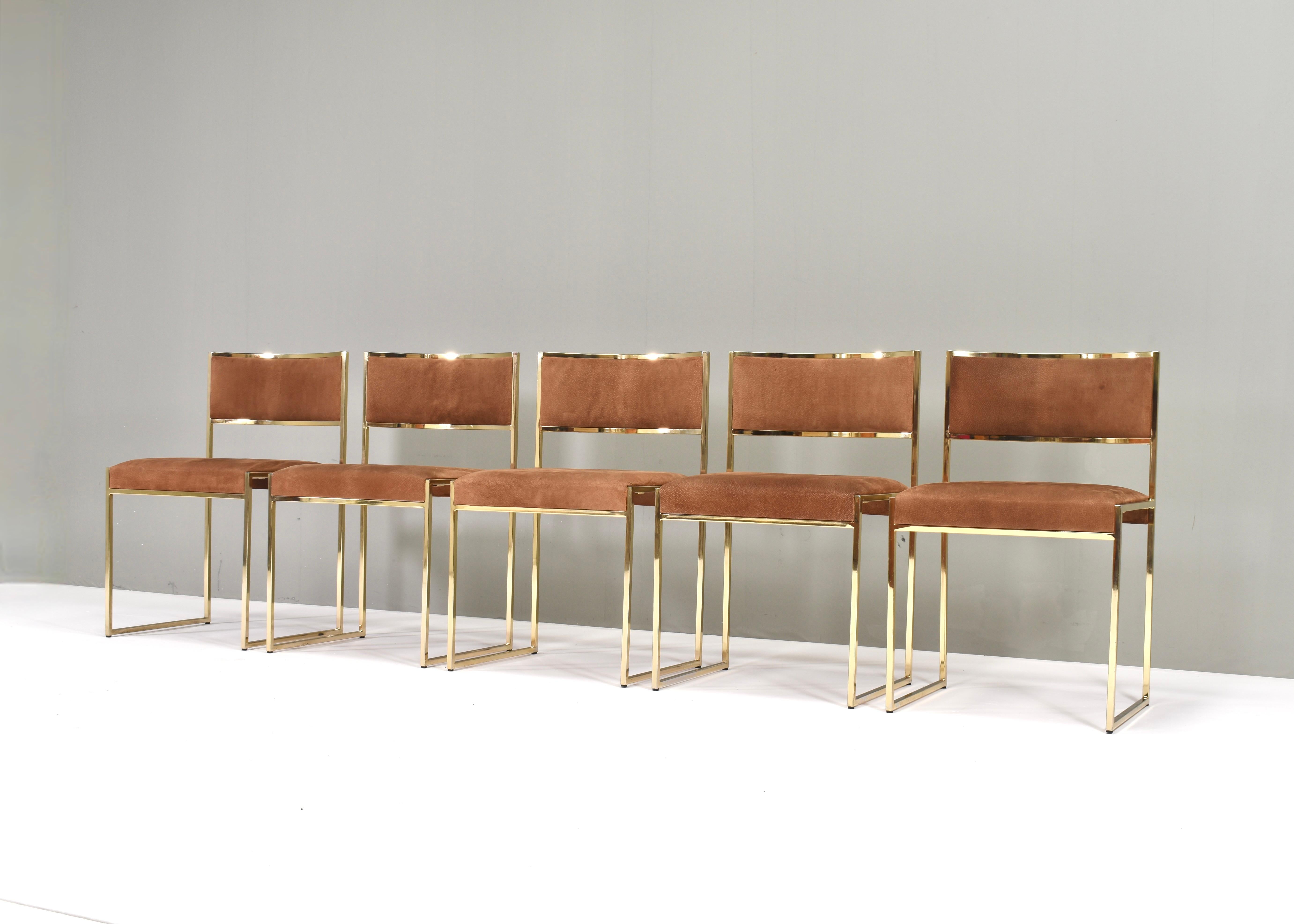 Mid-Century Modern 5x Willy Rizzo attributed Gold-Plated and Suede Dining Chairs, Italy, 1970s