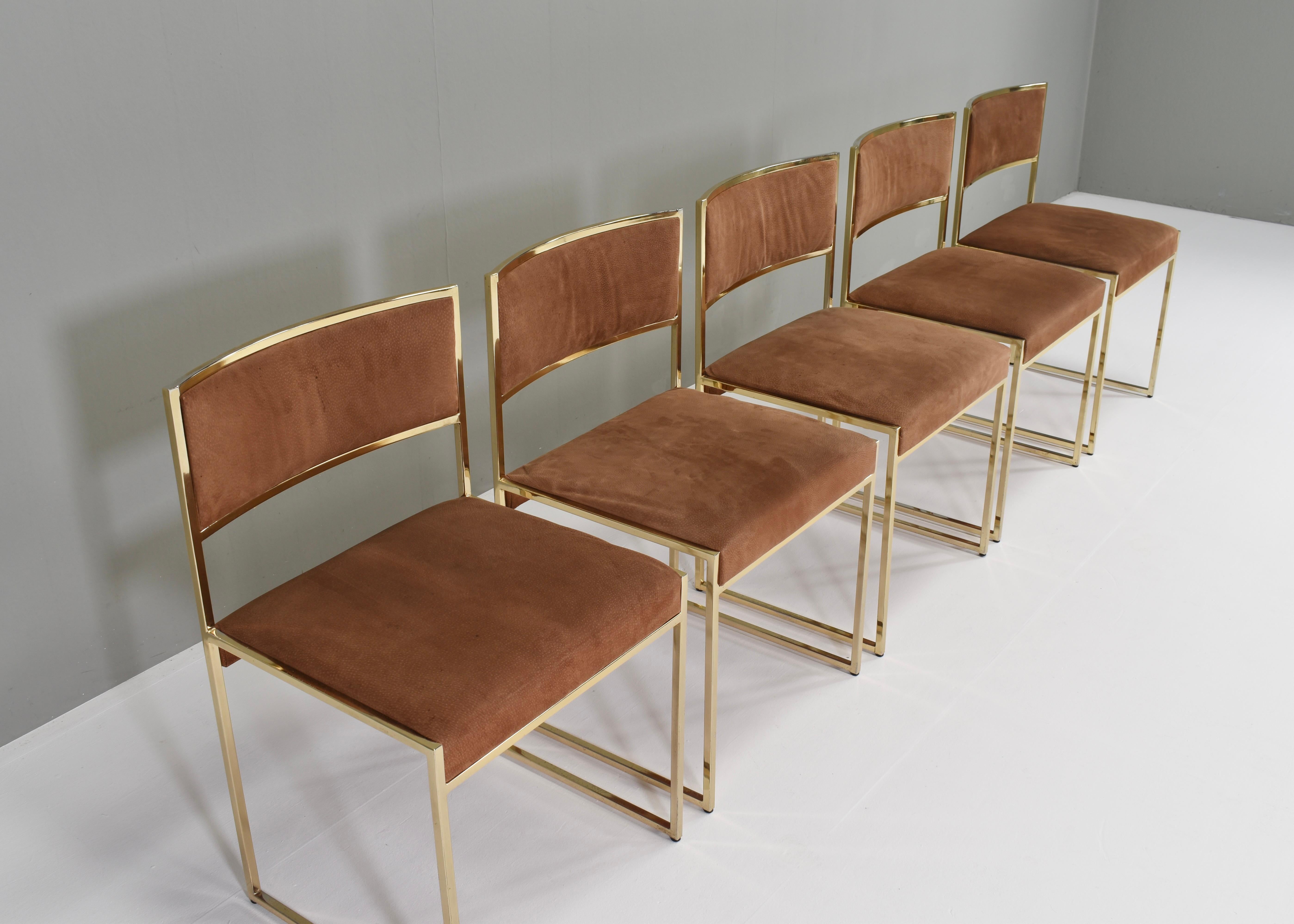 Italian 5x Willy Rizzo attributed Gold-Plated and Suede Dining Chairs, Italy, 1970s