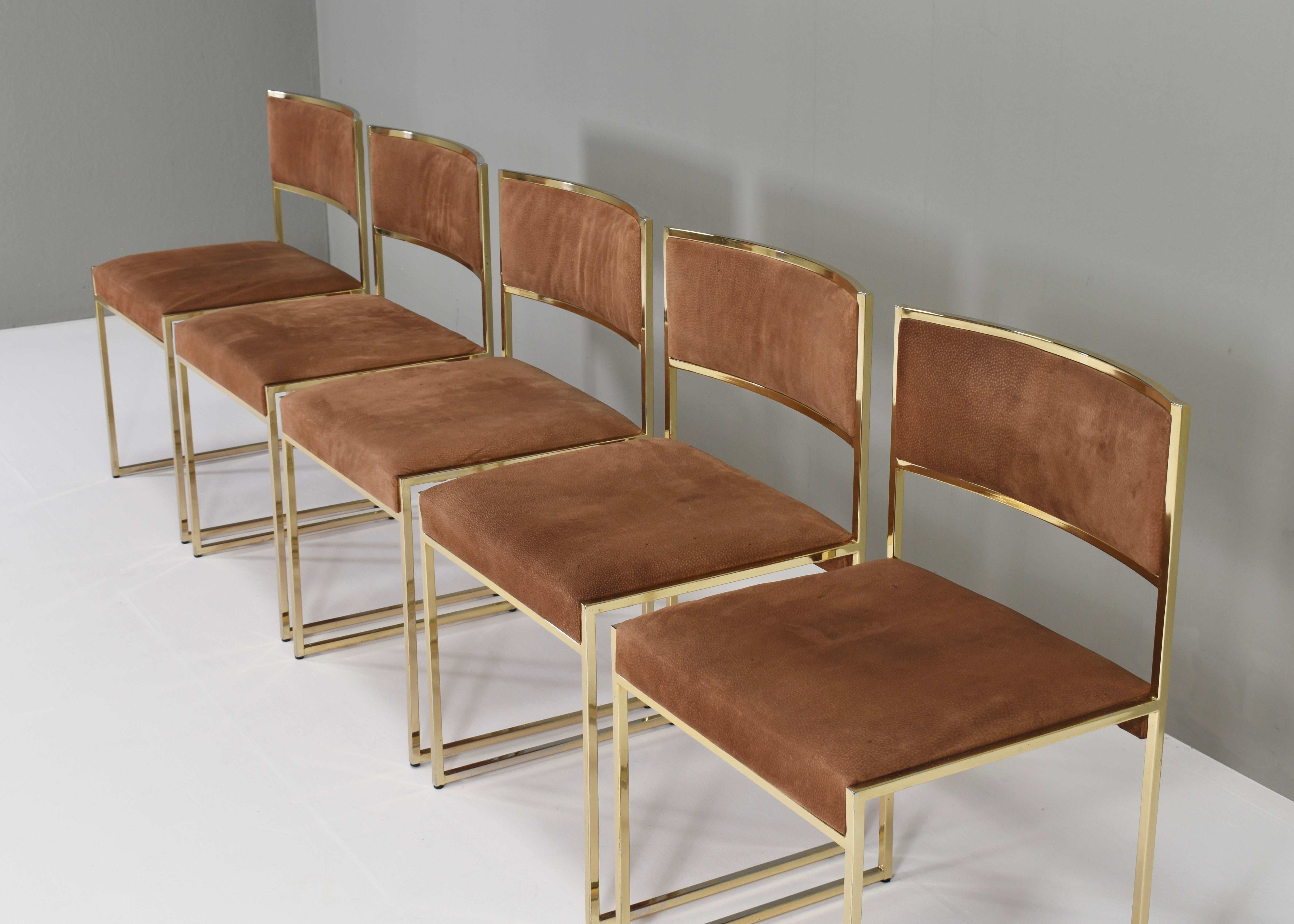 5x Willy Rizzo attributed Gold-Plated and Suede Dining Chairs, Italy, 1970s In Good Condition In Pijnacker, Zuid-Holland