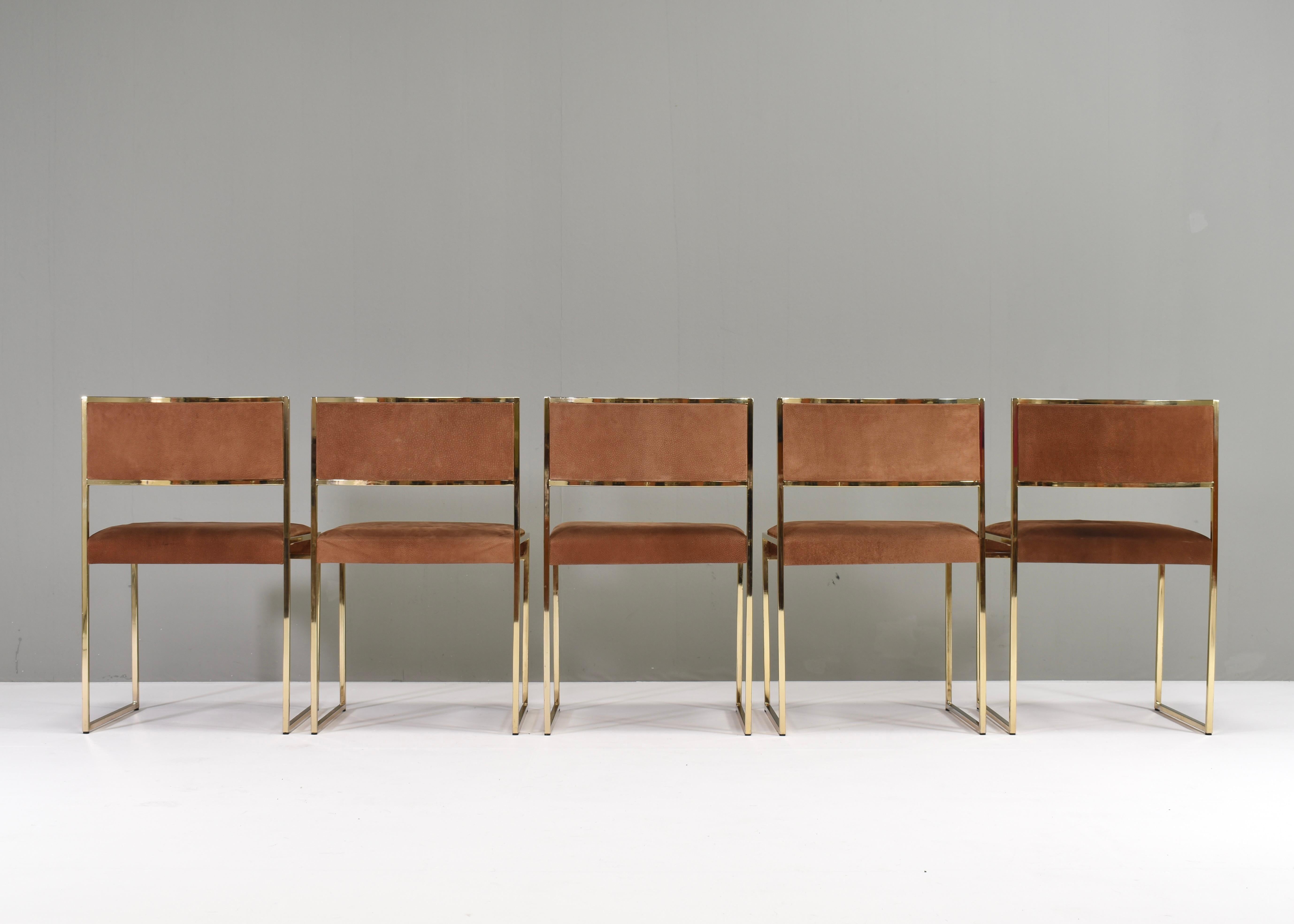 Late 20th Century 5x Willy Rizzo attributed Gold-Plated and Suede Dining Chairs, Italy, 1970s