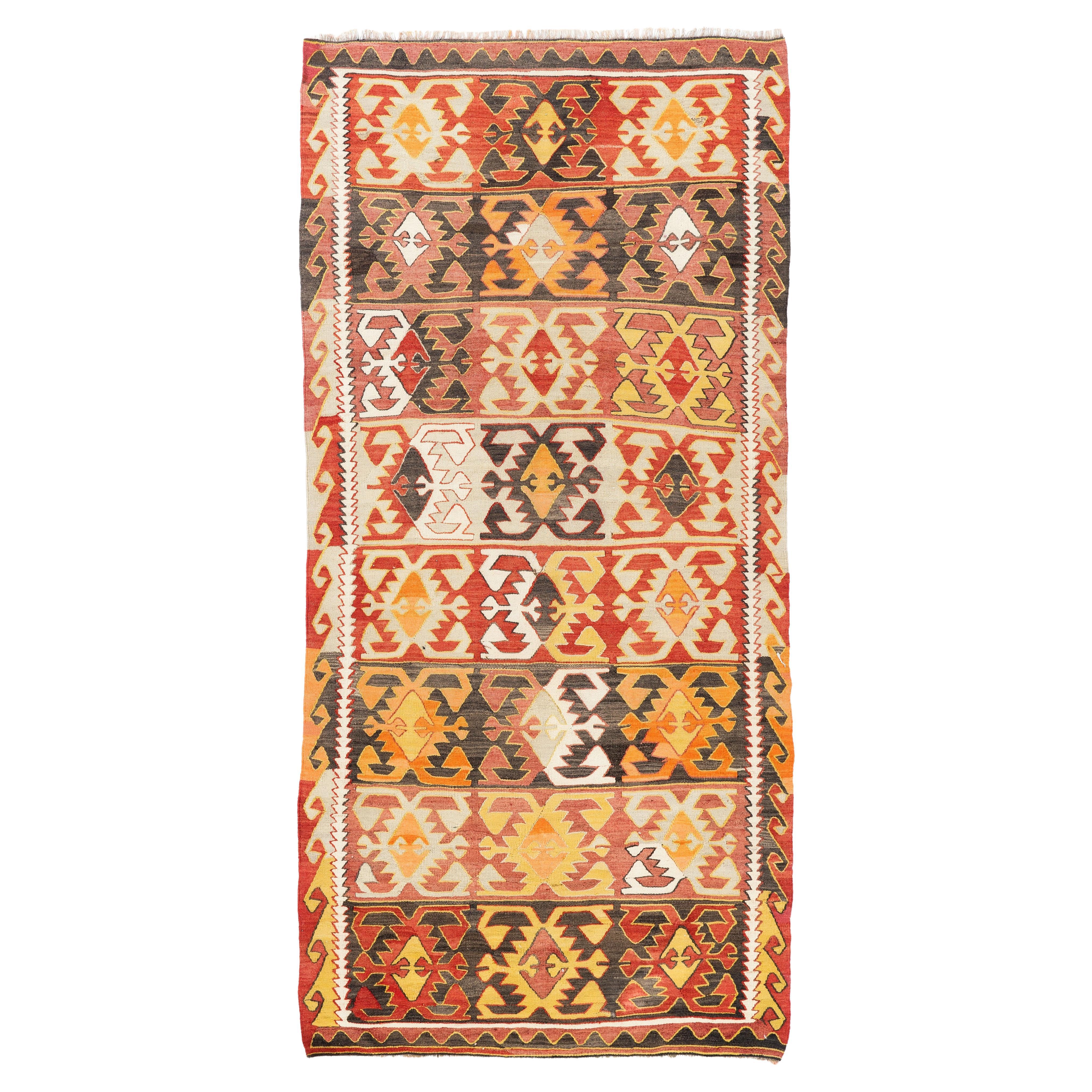 5x10 Ft Vintage Anatolian Kilim with Rustic Colors, Flat-Weave Rug. 100% Wool