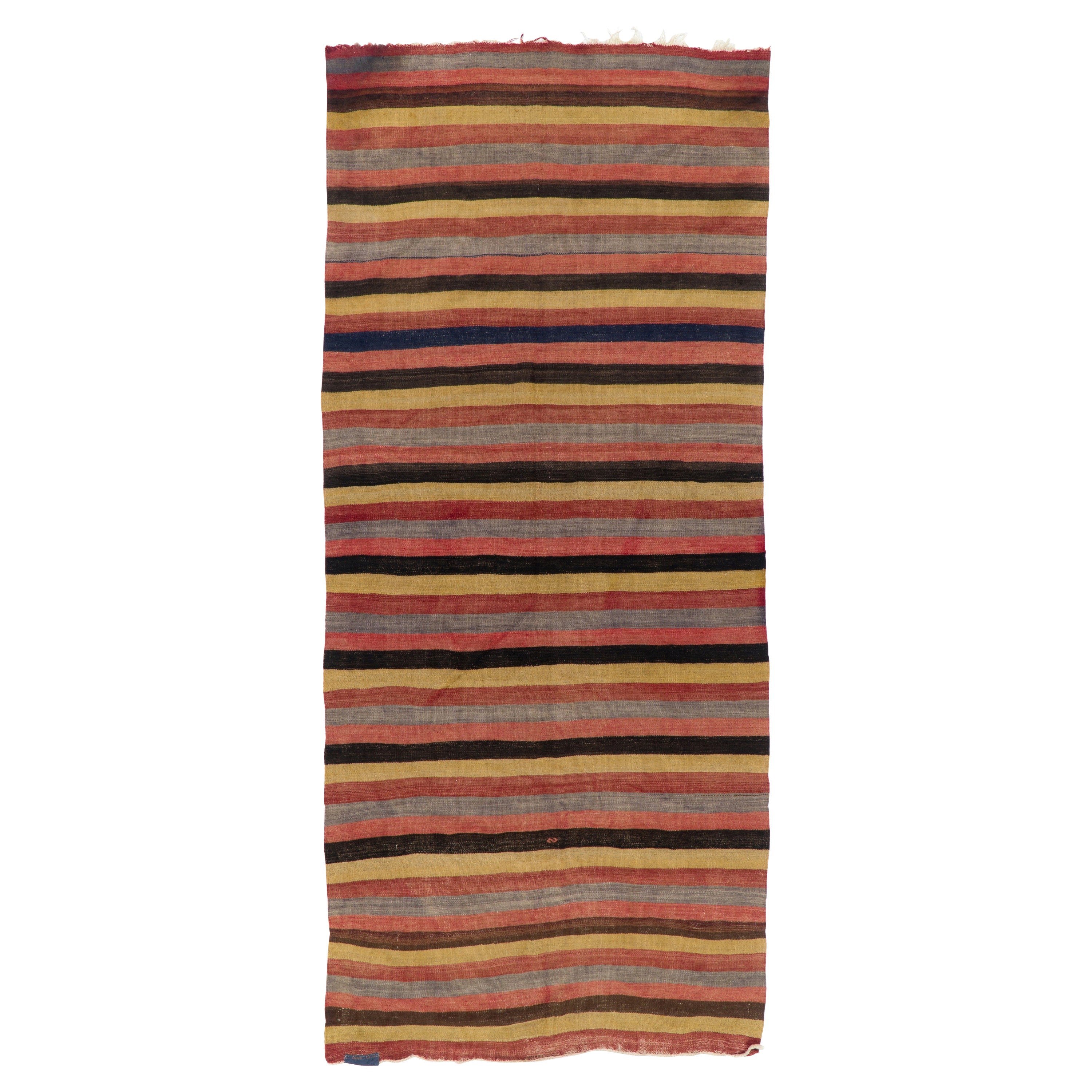 5x11 Ft Handgewebter türkischer Vintage-Kelim-Teppich mit Bändern aus Wolle, Flachgewebe