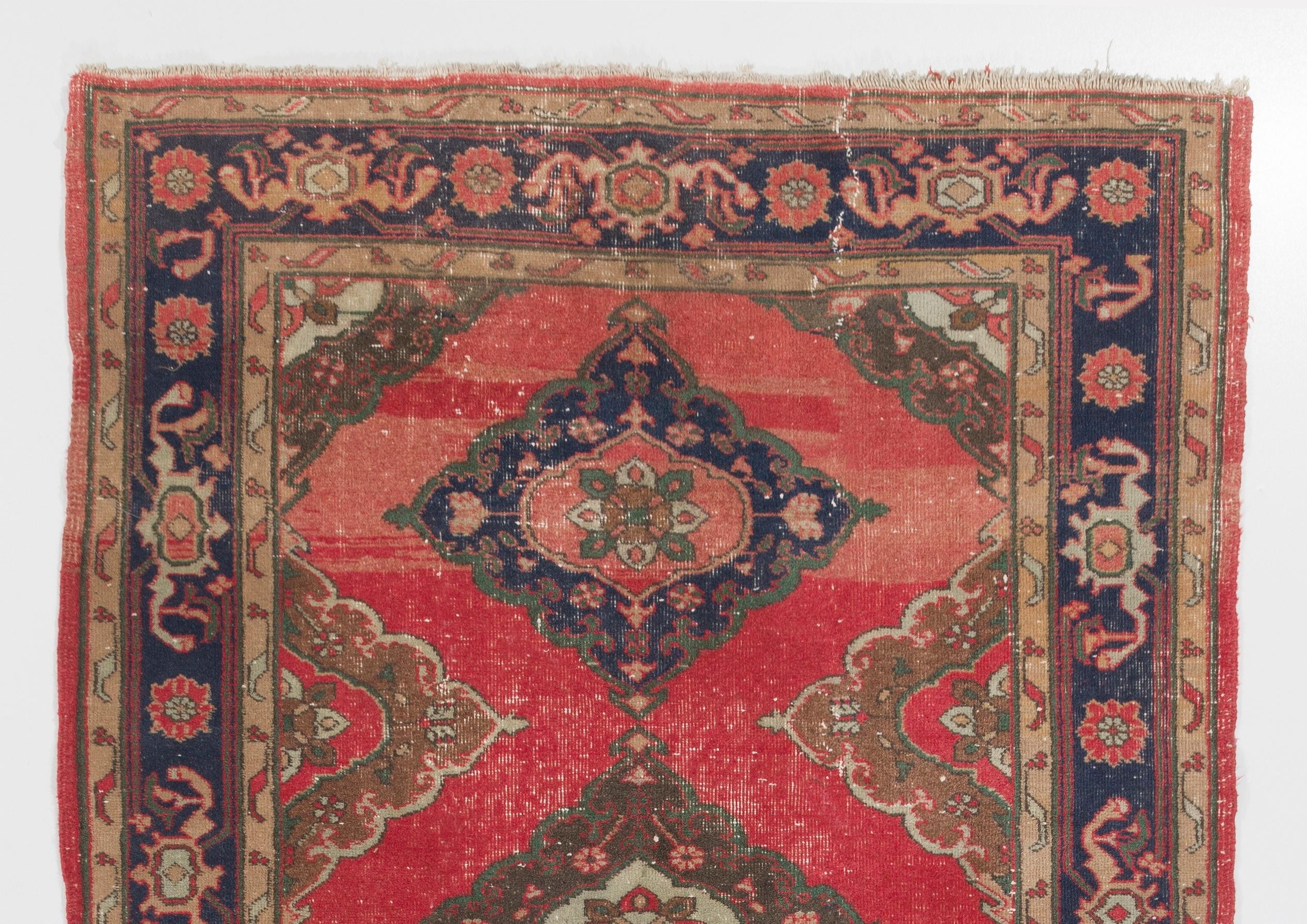 Oushak 5x11 Ft Unique Vintage Red Runner Rug. Handmade Turkish Carpet for Hallway For Sale