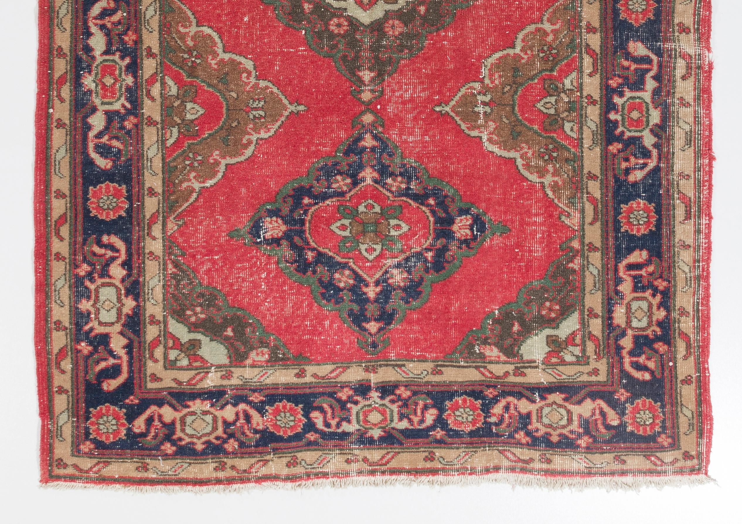 Hand-Knotted 5x11 Ft Unique Vintage Red Runner Rug. Handmade Turkish Carpet for Hallway For Sale
