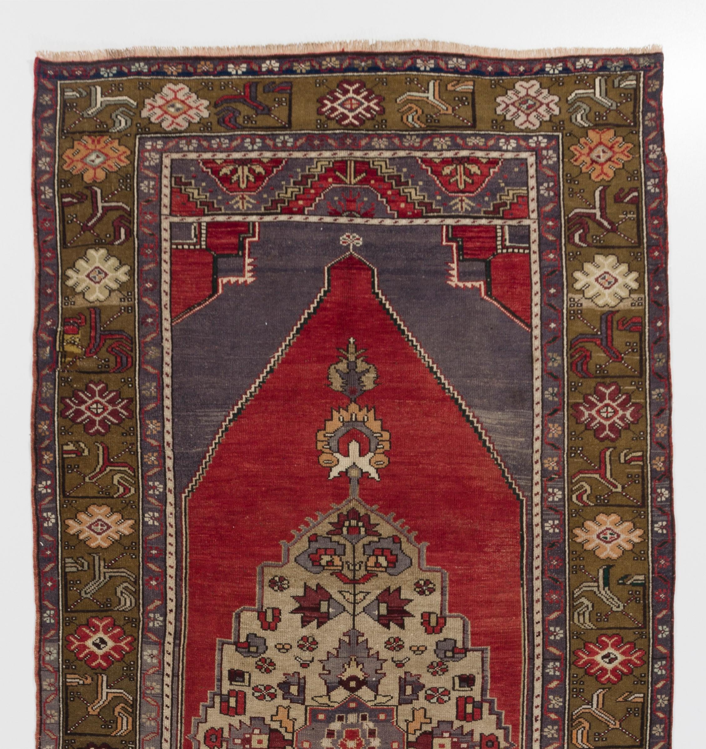 Hand-Knotted 5x11 Ft Vintage Oriental Rug, One of a Kind Turkish Village Wool Carpet in Red For Sale