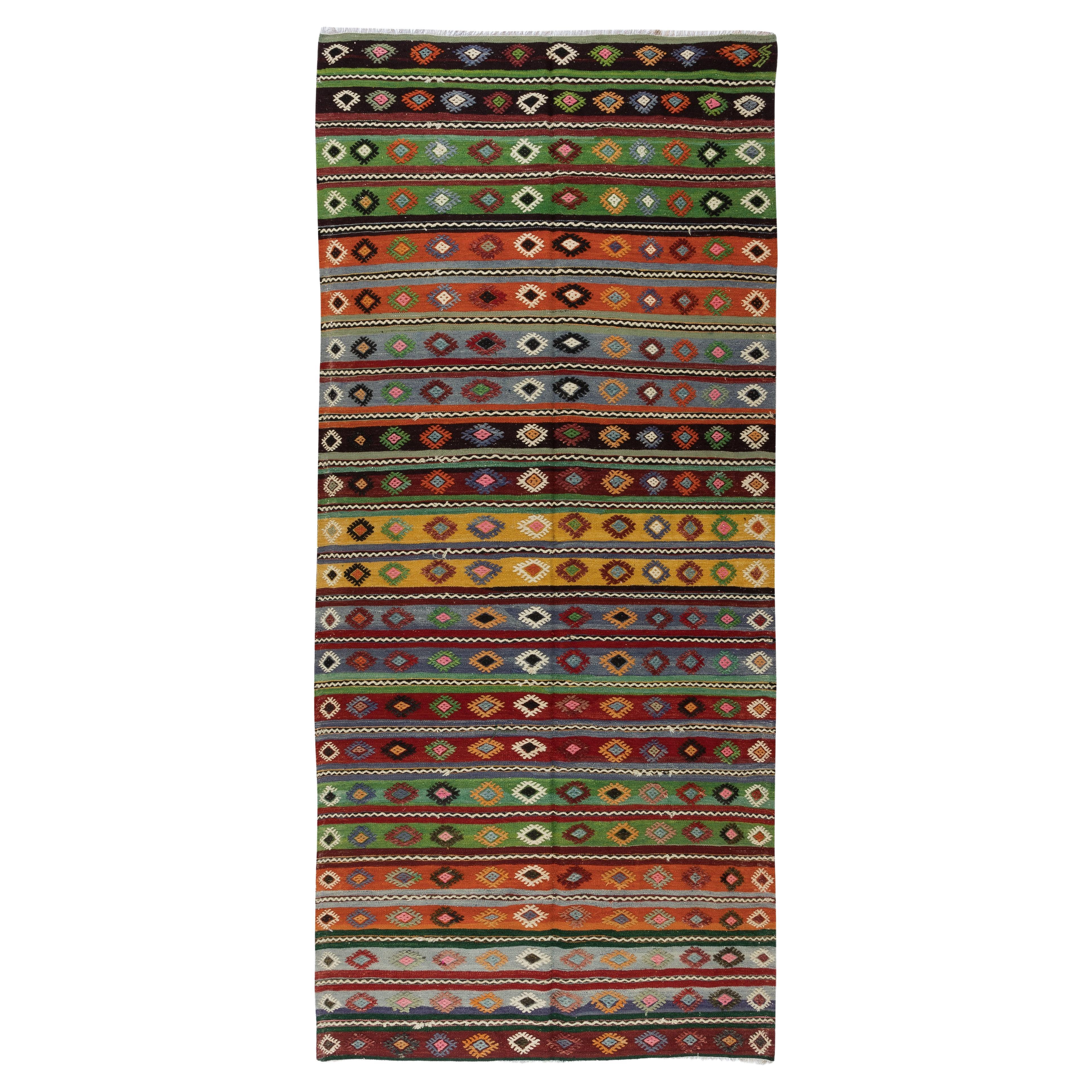 5x11.2 Ft Handmade Turkish Vintage Kilim Runner. Geometric & Striped Pattern Rug