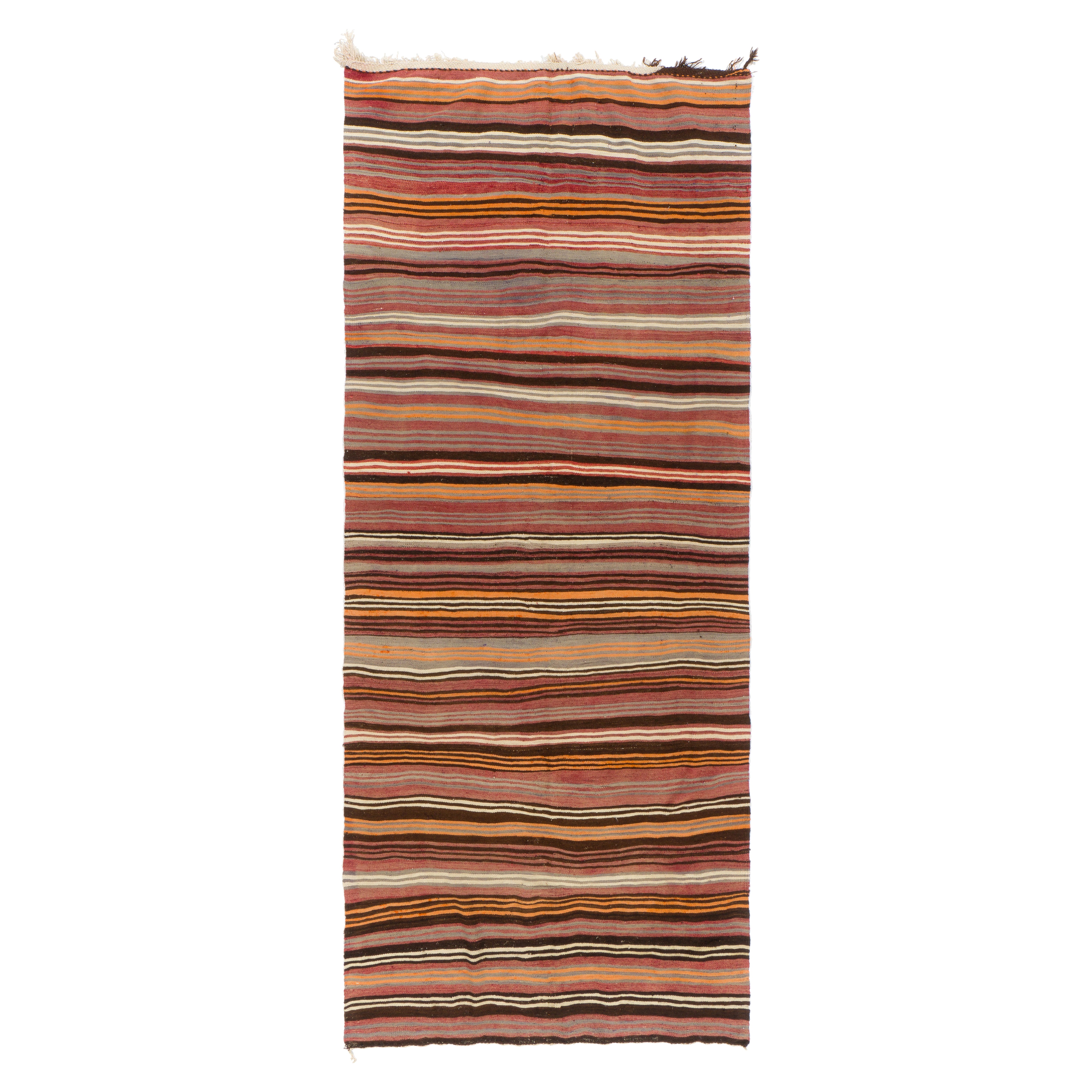 5x11.8 Ft Handmade Vintage Striped Turkish Runner Kilim. Flat-Weave Colorful Rug