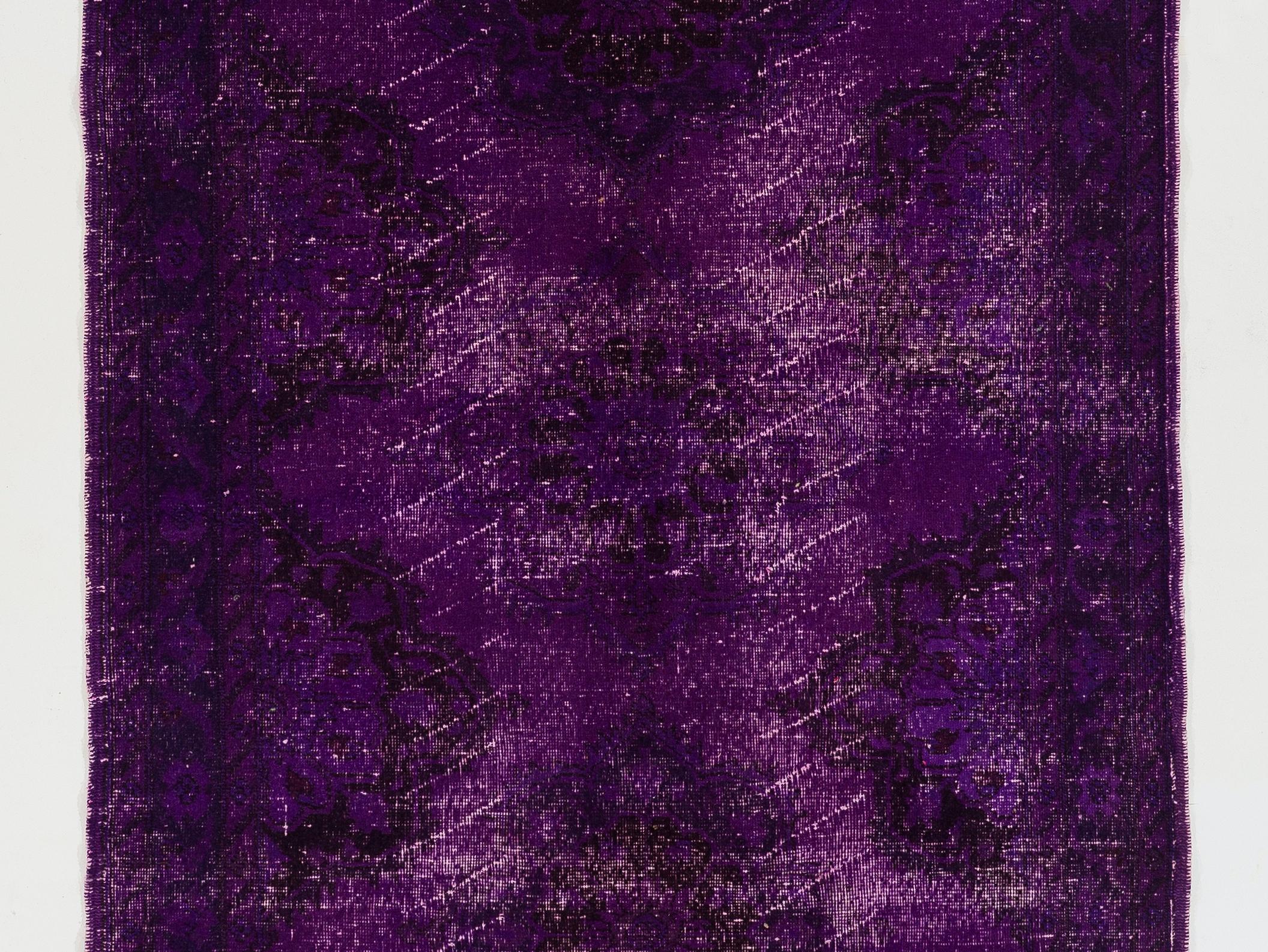 Modern 5x11.8 ft Vintage Handmade Turkish Wool Runner Rug Over-Dyed in Purple For Sale