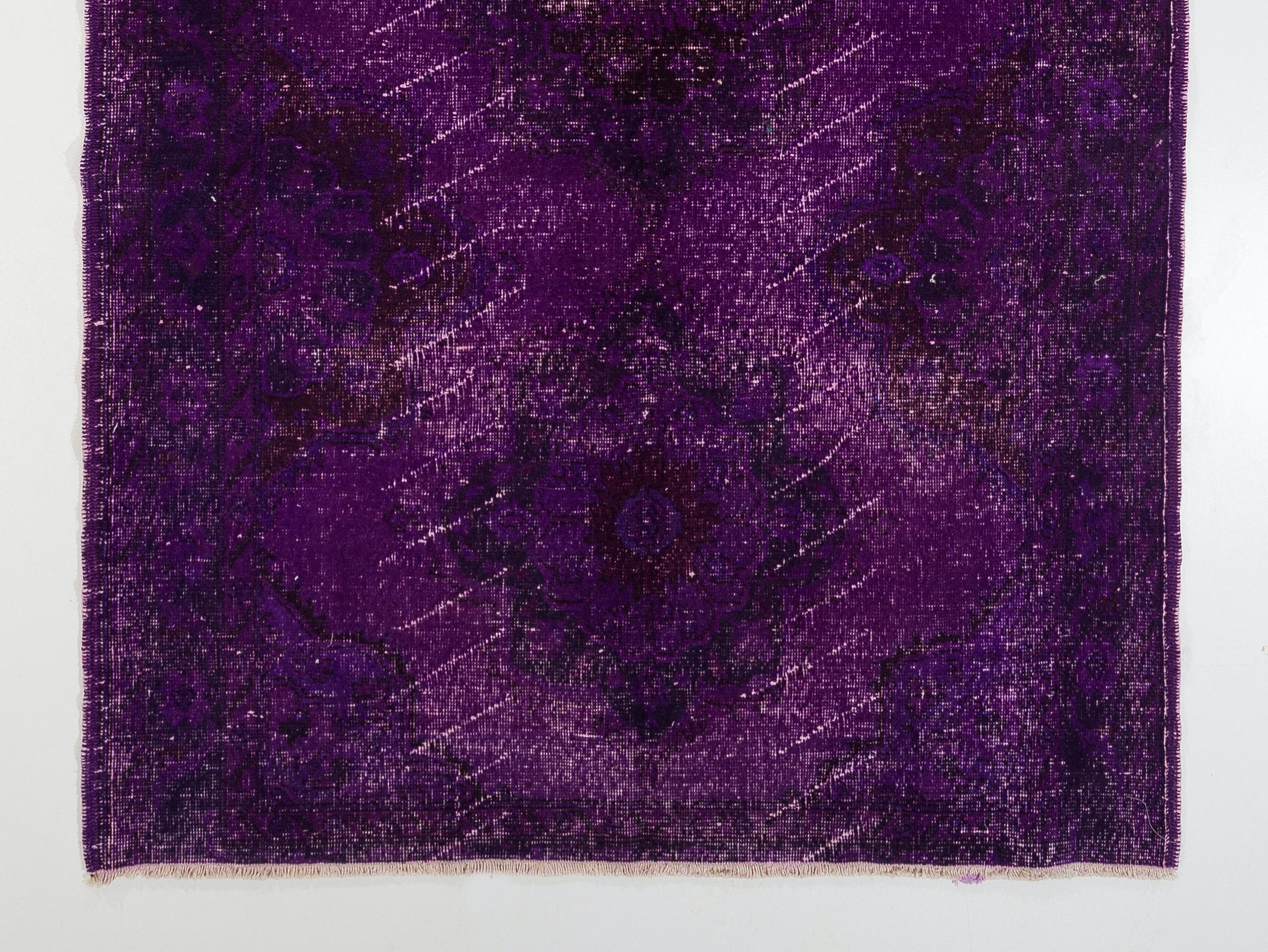 Hand-Knotted 5x11.8 ft Vintage Handmade Turkish Wool Runner Rug Over-Dyed in Purple For Sale