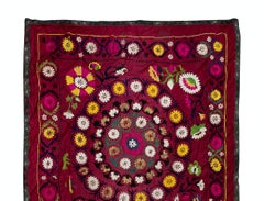 5x12 Ft Vintage Needlework Table Runner, Silk Embroidery Red Suzani Wall Hanging