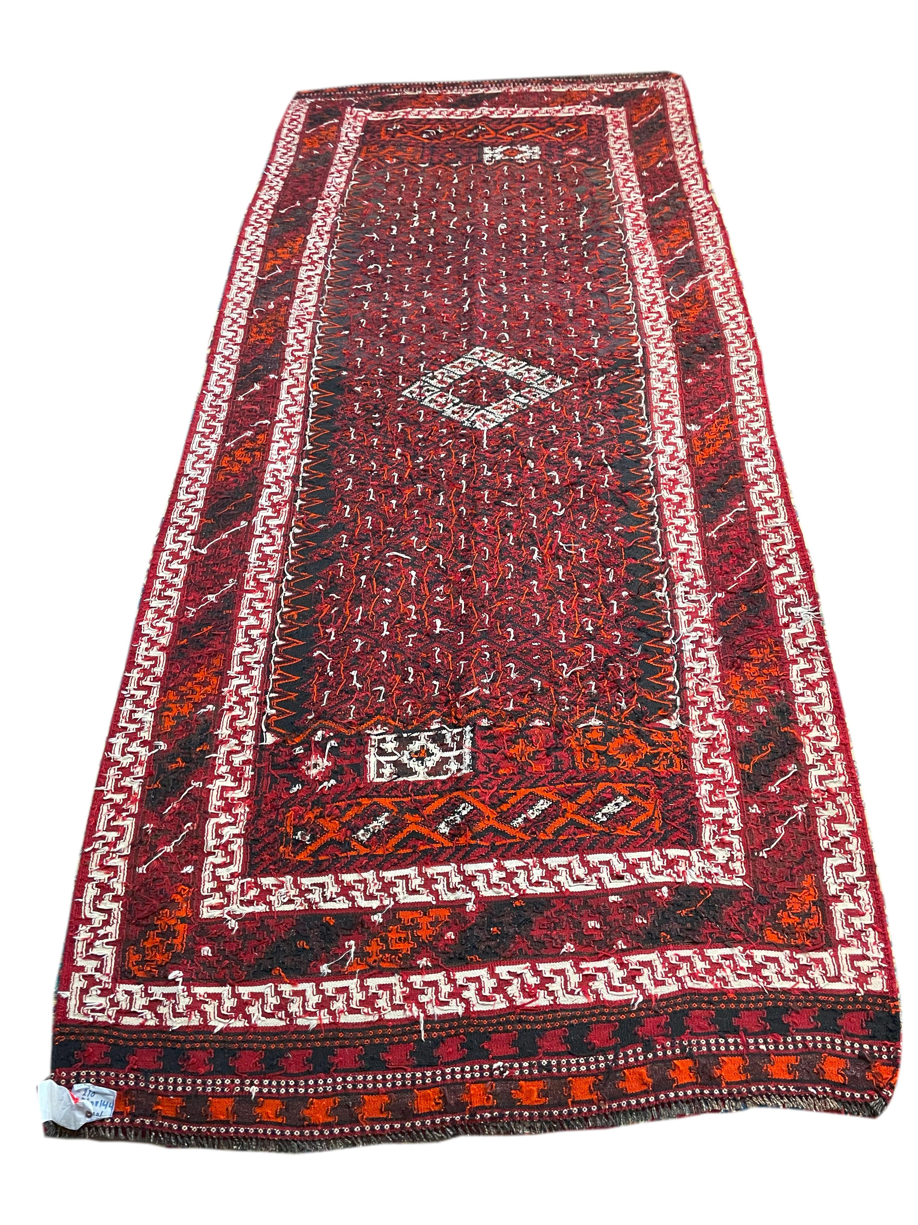 Hand-Knotted 5'x12' Antique Balouci - Persian Flat Woven Kilim - Maroon For Sale