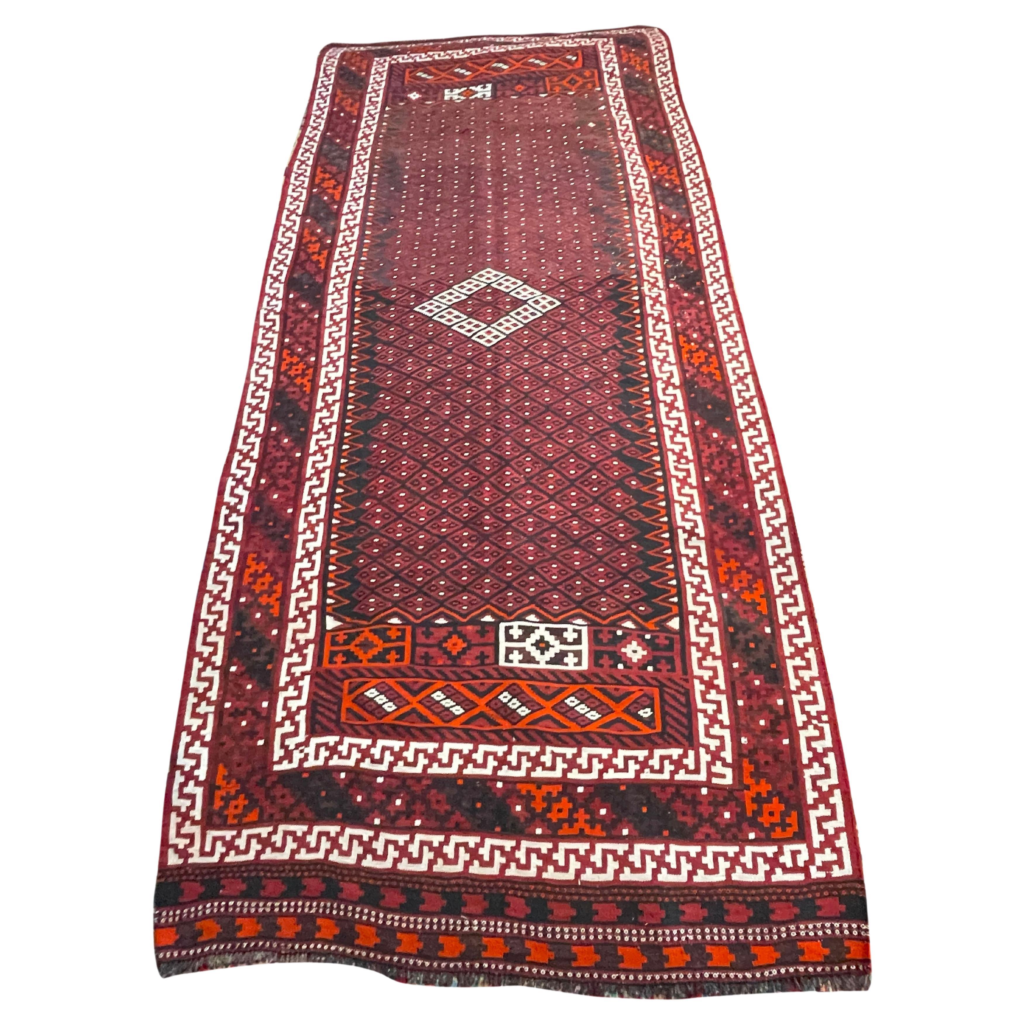 5'x12' Antique Balouci - Persian Flat Woven Kilim - Maroon For Sale