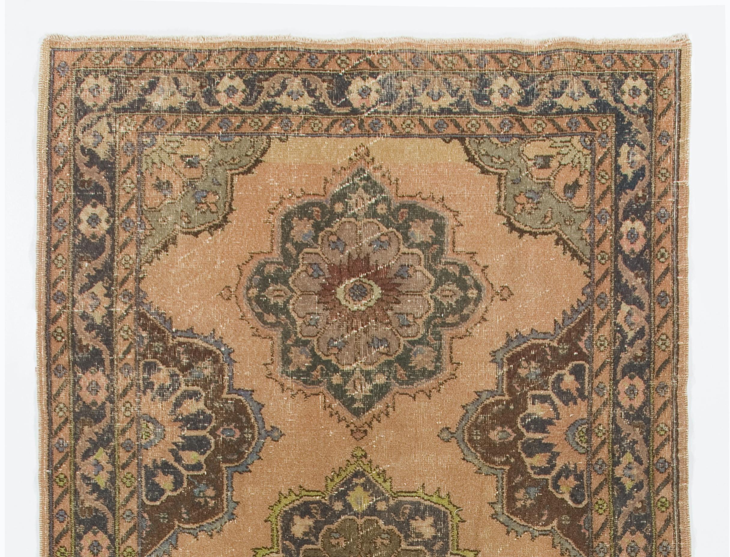 Hand-Knotted 5x12.2 Ft Vintage Oushak Runner Rug in Beige, Handmade Turkish Corridor Carpet For Sale