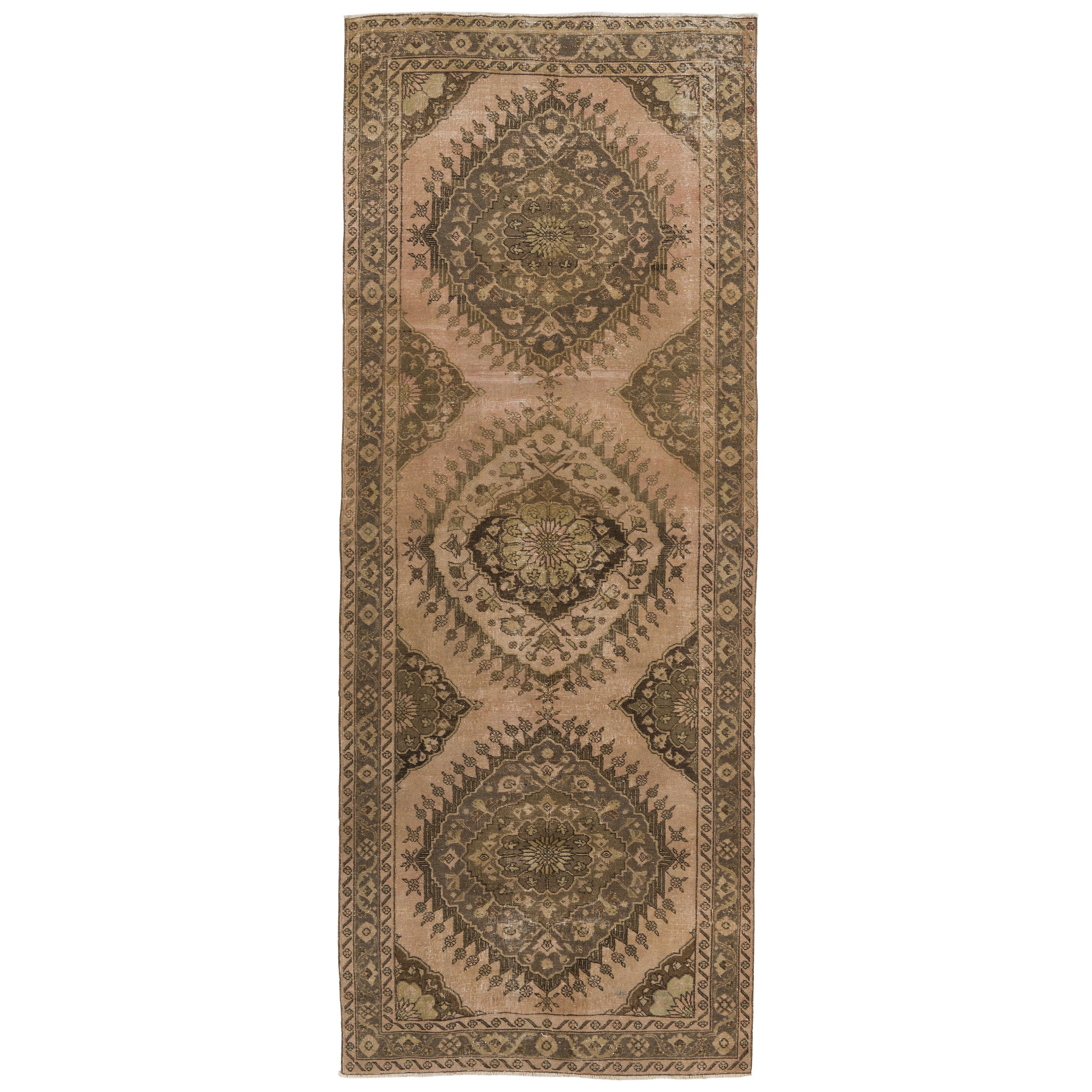 5x12.6 Ft Vintage Handmade Oushak Runner Rug in Tan, Grey, Brown, Sand and Khaki
