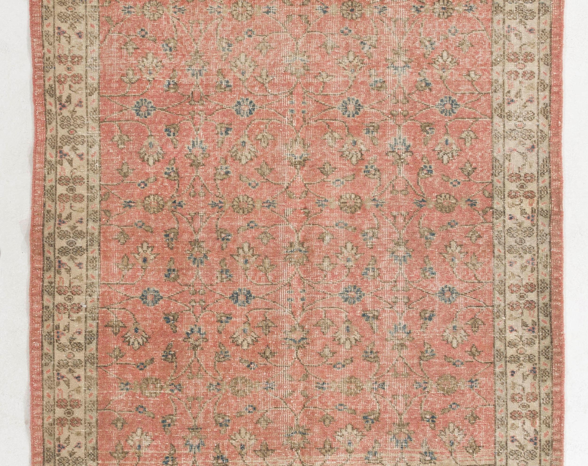 Oushak Vintage Floral Turkish Carpet Runner in Red & Beige, Handmade Wool Rug For Sale
