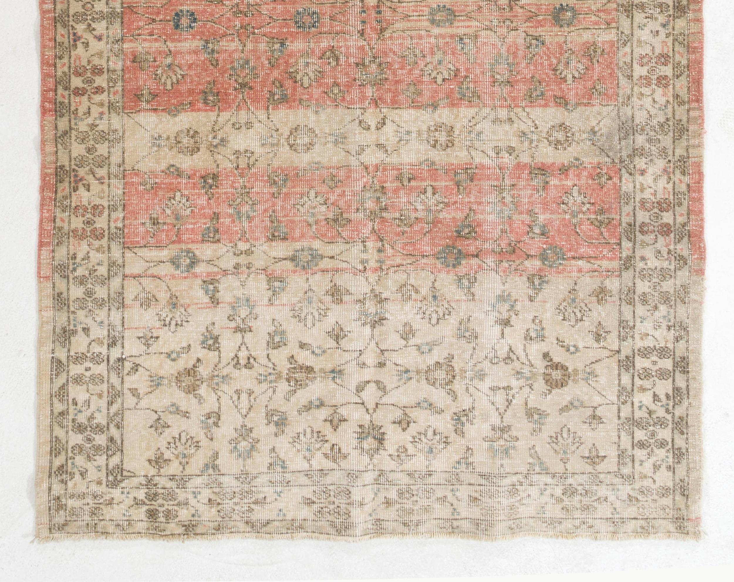 Hand-Knotted Vintage Floral Turkish Carpet Runner in Red & Beige, Handmade Wool Rug For Sale