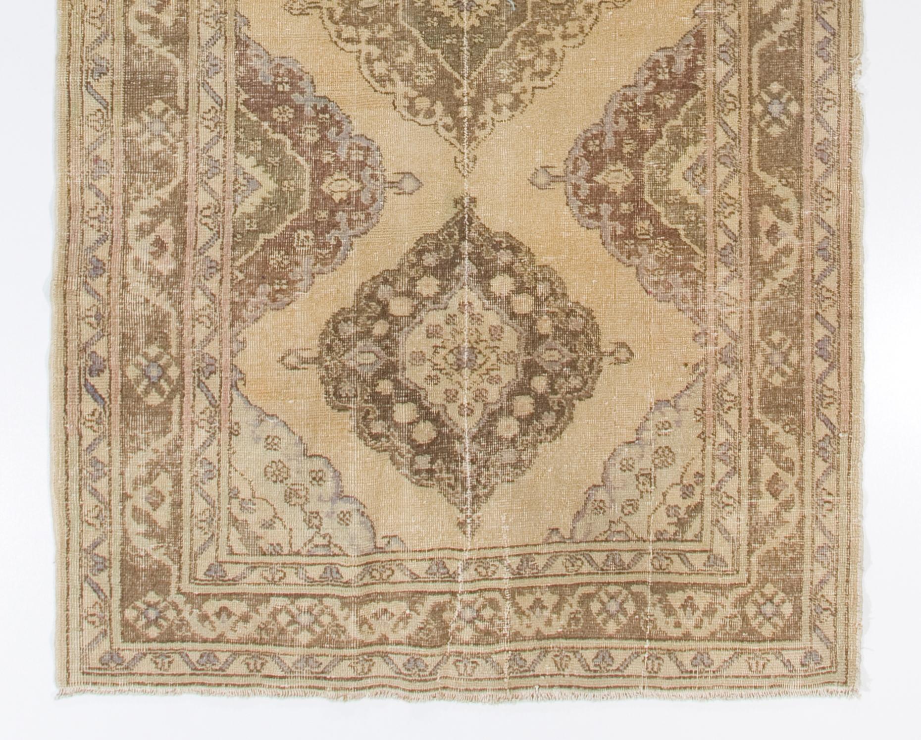 Hand-Knotted Authentic Handmade Vintage Oushak Runner Rug in Natural Beige & Brown For Sale