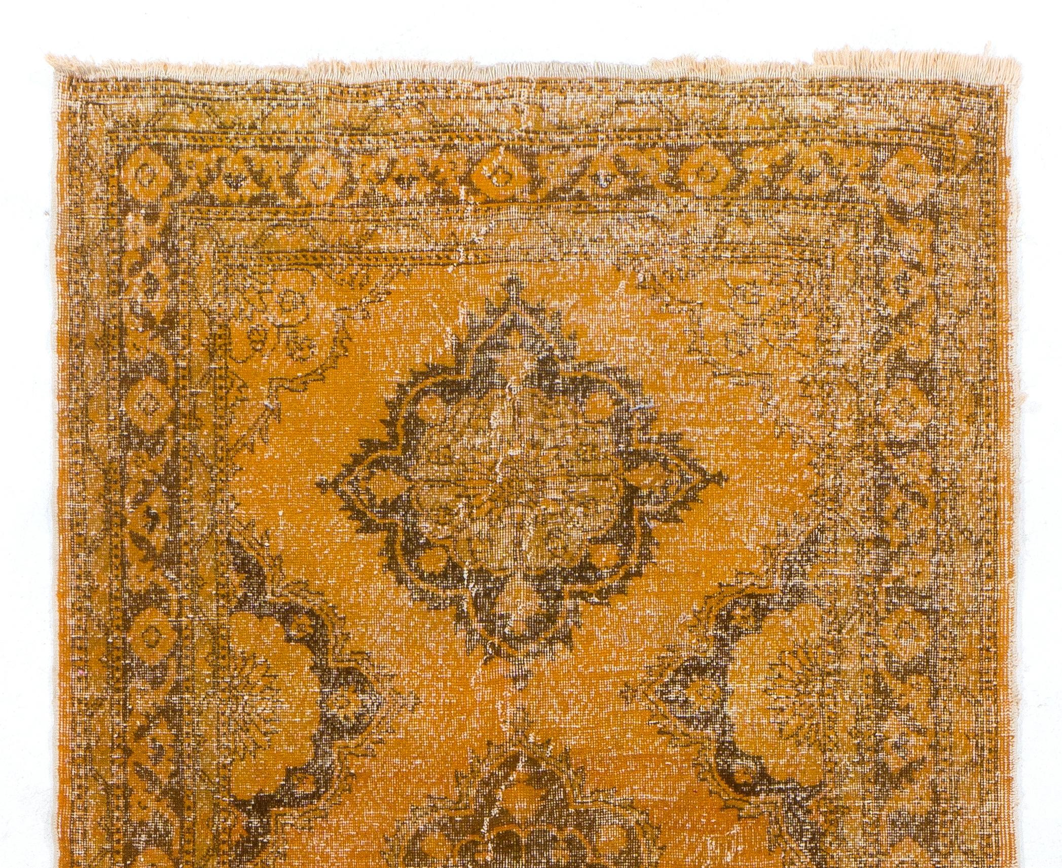 A vintage Turkish runner rug re-dyed in orange color. Great for contemporary interiors.
Finely hand knotted, low wool pile on cotton foundation. Professionally washed.
Sturdy and can be used on a high traffic area, suitable for both residential and