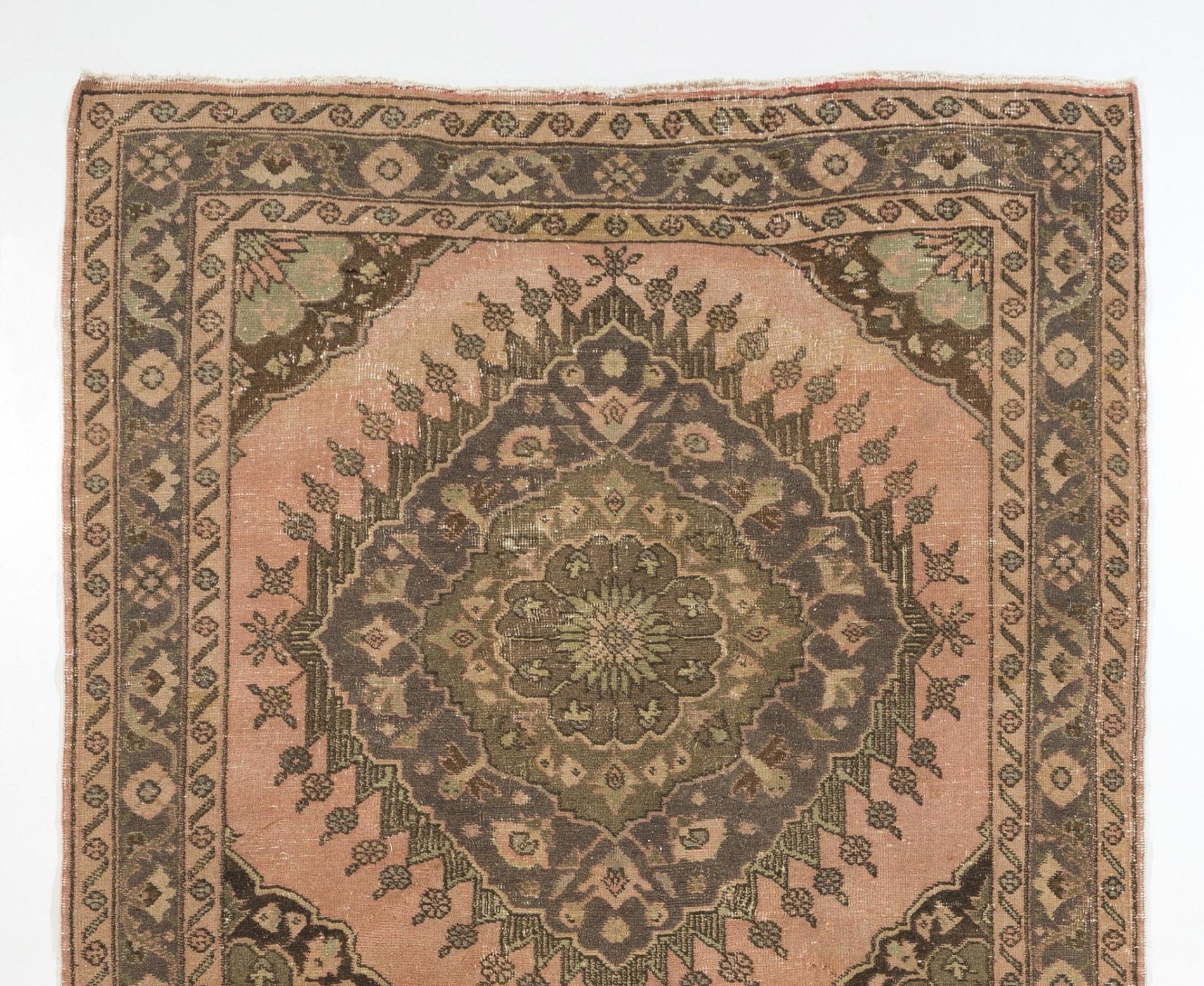 Oushak 5x12.8 Ft Vintage Runner Rug with Geometric Tri-Medallions, Handmade Kitchen Rug For Sale
