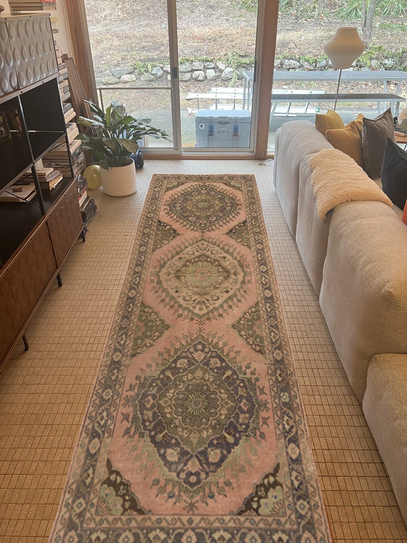 5x12.8 Ft Vintage Runner Rug with Geometric Tri-Medallions, Handmade Kitchen Rug For Sale